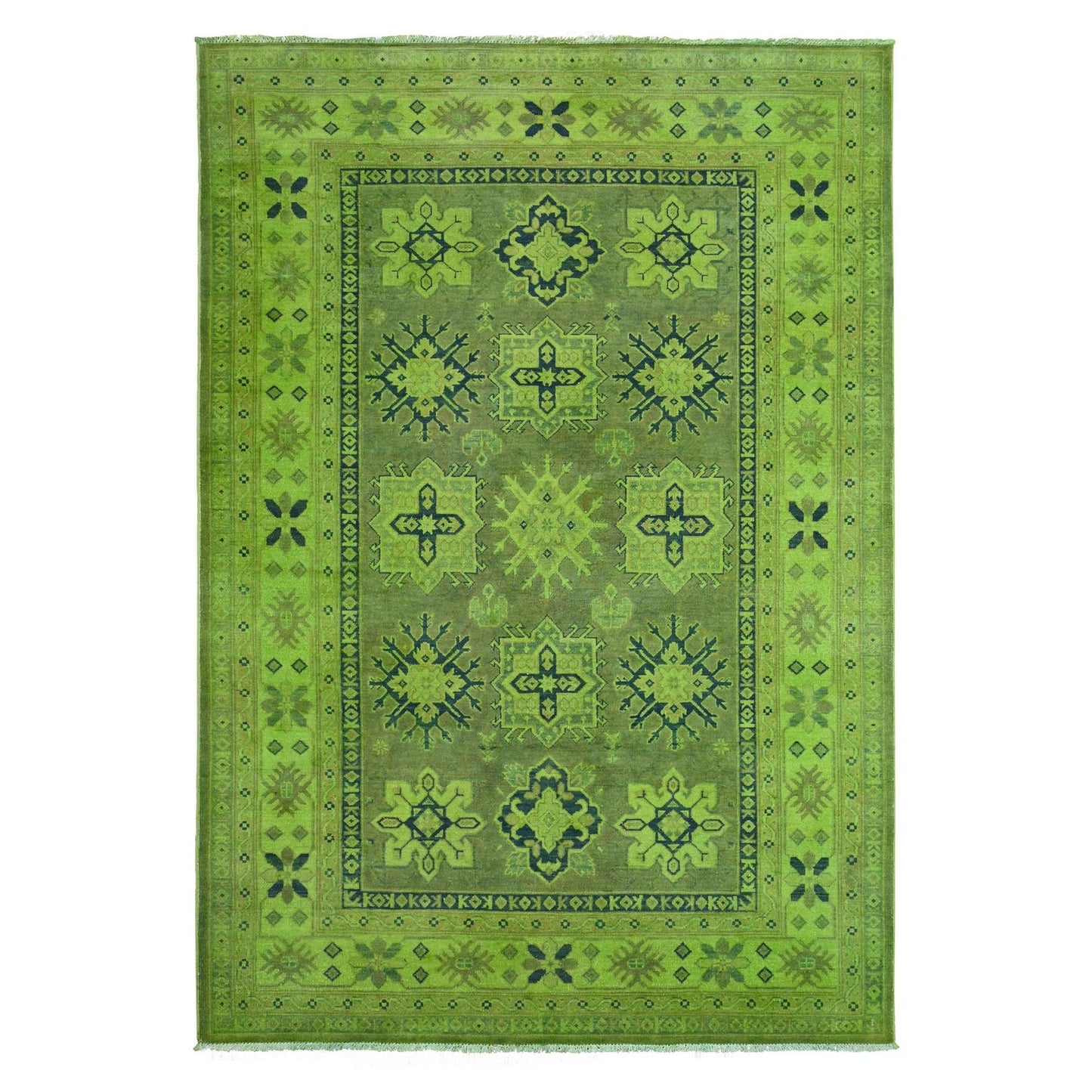 5'9"X8'7" Green Overdyed Kazak Geometric Pattern Hand Knotted Wool Rug