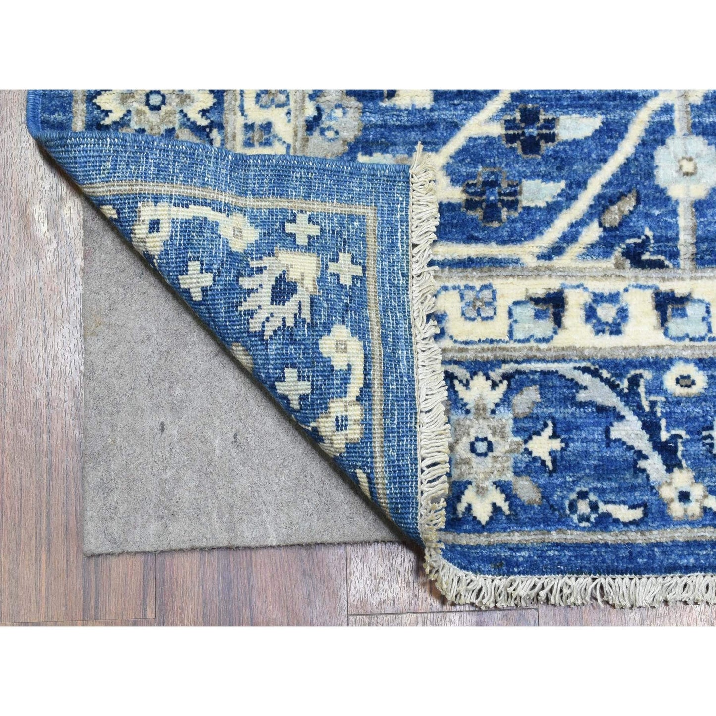 4'3"X11'9" Blue Fine Peshawar Soft Wool Hand Knotted Wide Runner Rug