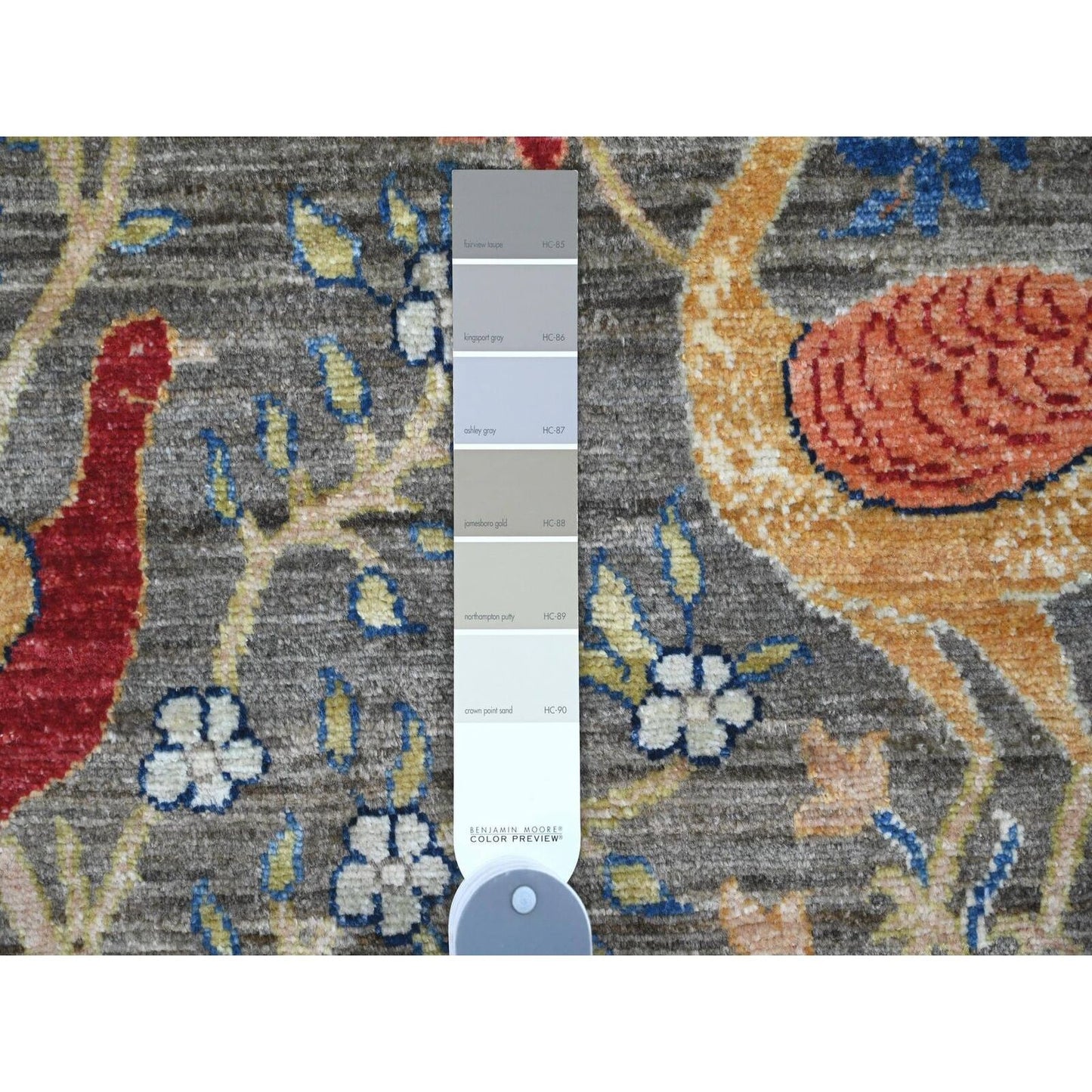 10'X13'6" Gray Hand Knotted Afghan Peshawar Birds Design Soft Wool Rug
