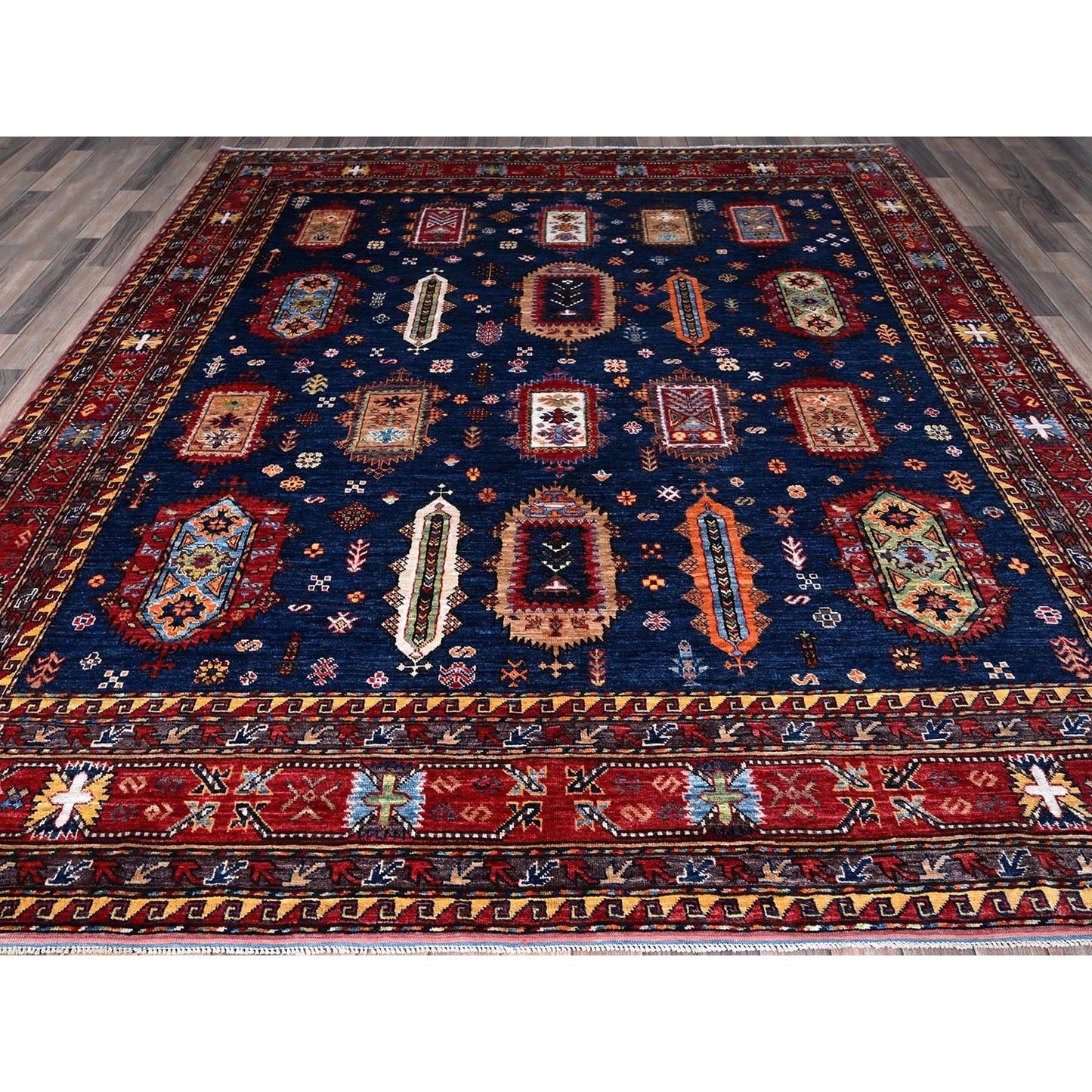 8'5"X9'8" Yale Blue Afghan Caucasian Design Revival Hand Knotted Wool Rug