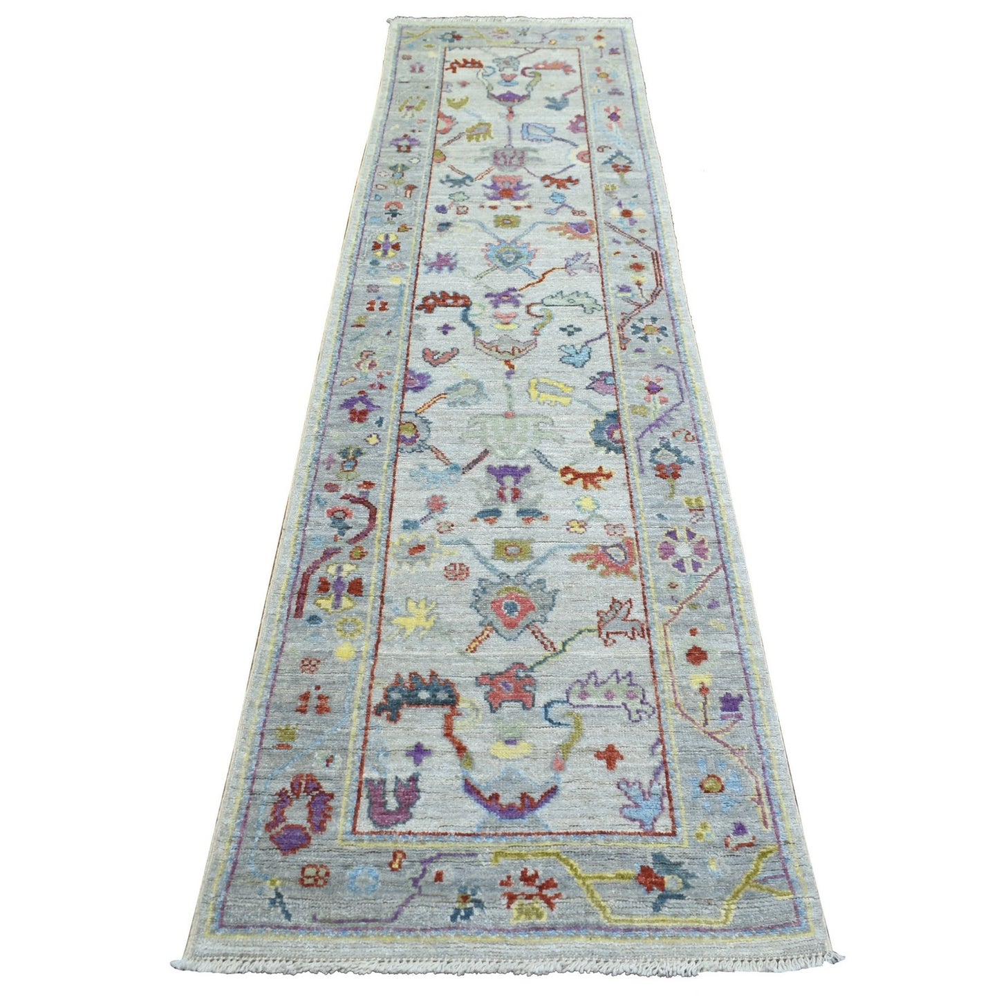 2'5"X9'8" Gray Pure Wool Hand Knotted Afghan Angora Ushak Runner Rug