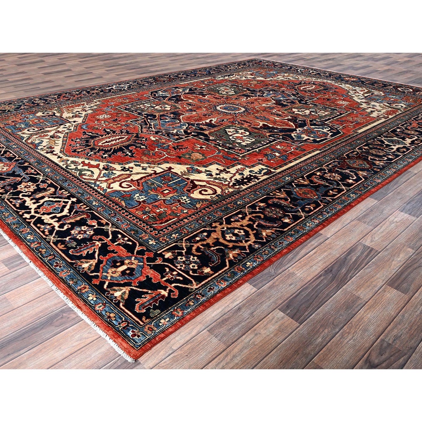 9'10"X14'3" Coral Red Seeripe Heris Design Hand Knotted Soft Wool Rug