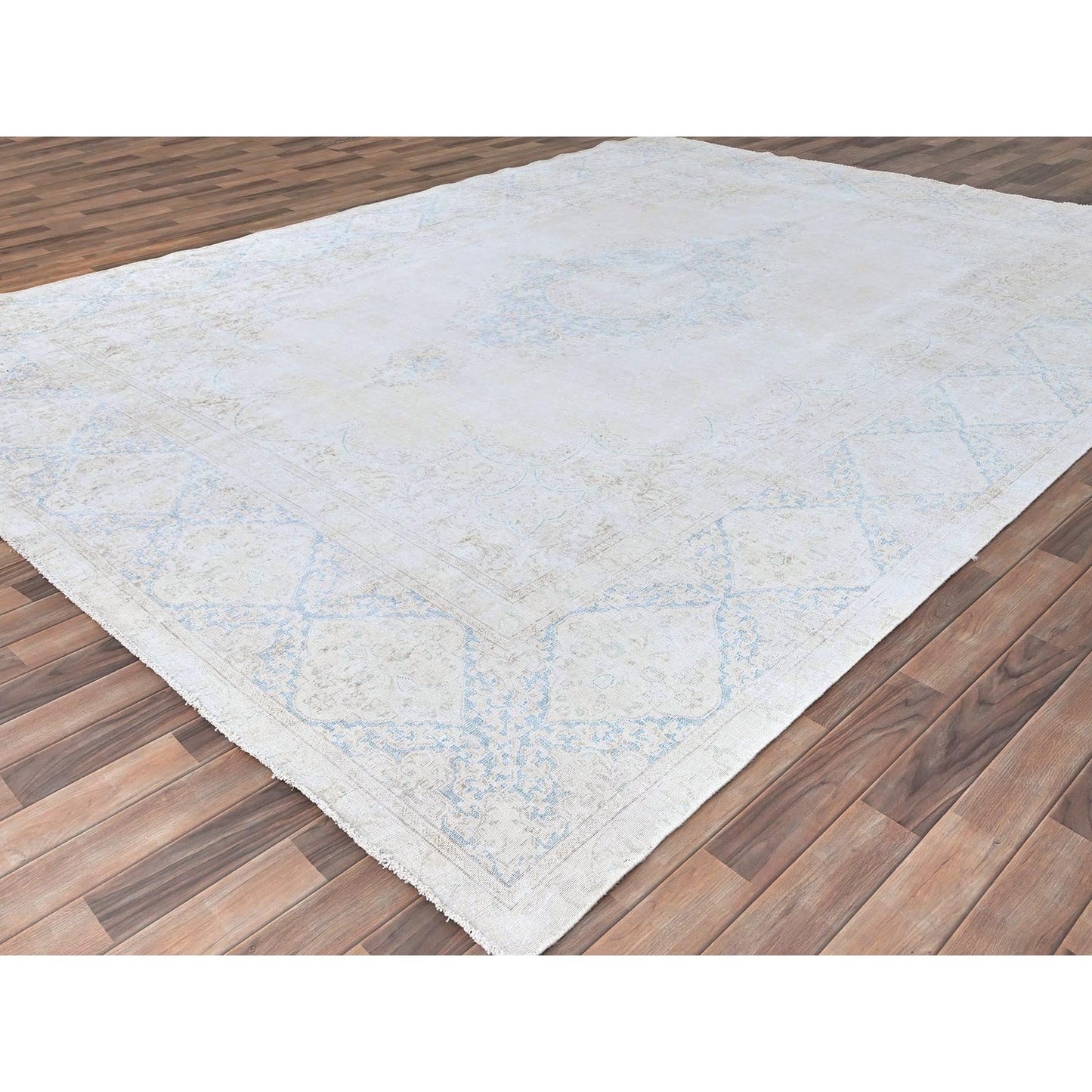 9'4"X12'3" White Pure Wool Hand Knotted Vintage Zoroastrian Karman Rug