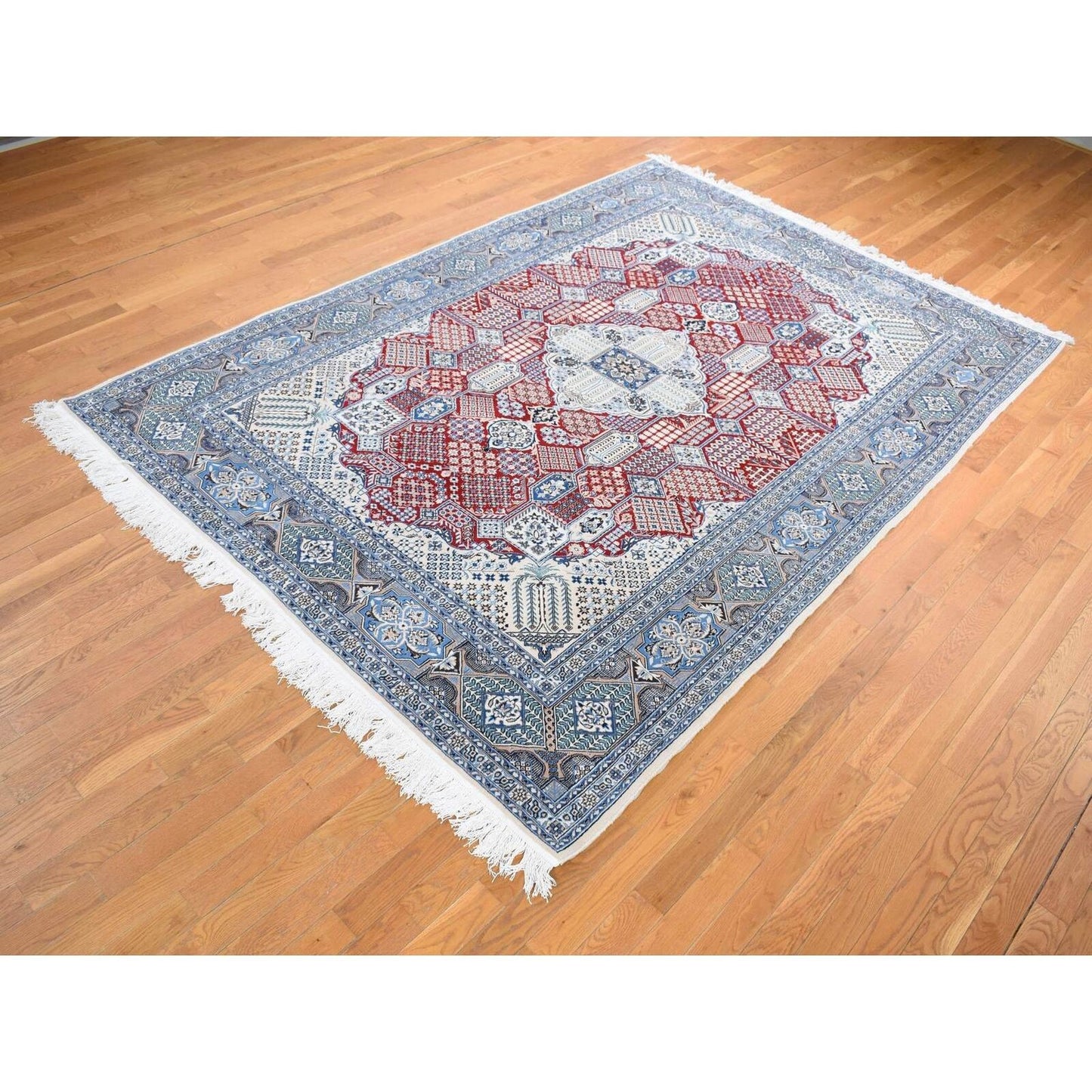 7'3"X10'9" Red New Zoroastrian Nain Soft Wool And Silk Hand Knotted Rug