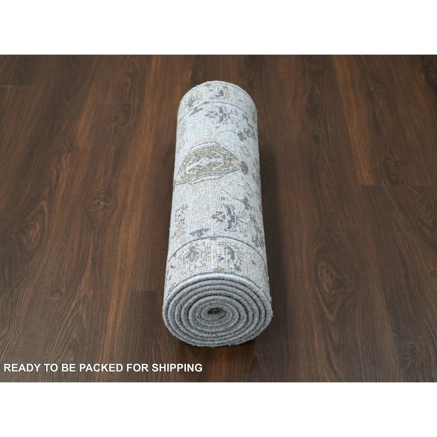 2'7"X9'9" Cloud Gray Pure Wool Karjihooz Design, Hand Knotted Runner Rug
