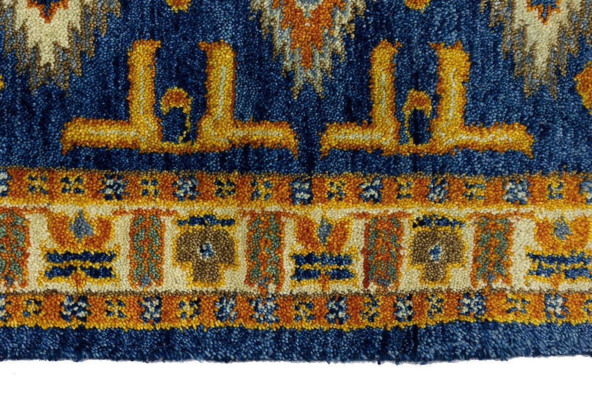 Vintage Style Blue Geometric Kazak Runner Rug