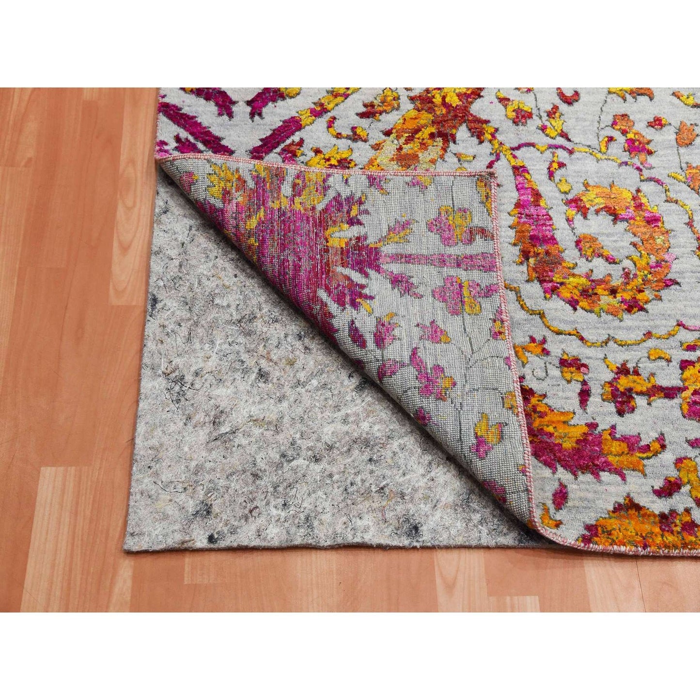 9'X12' Gray Erased Zoroastrian Design Silk With Wool Hand Knotted Rug
