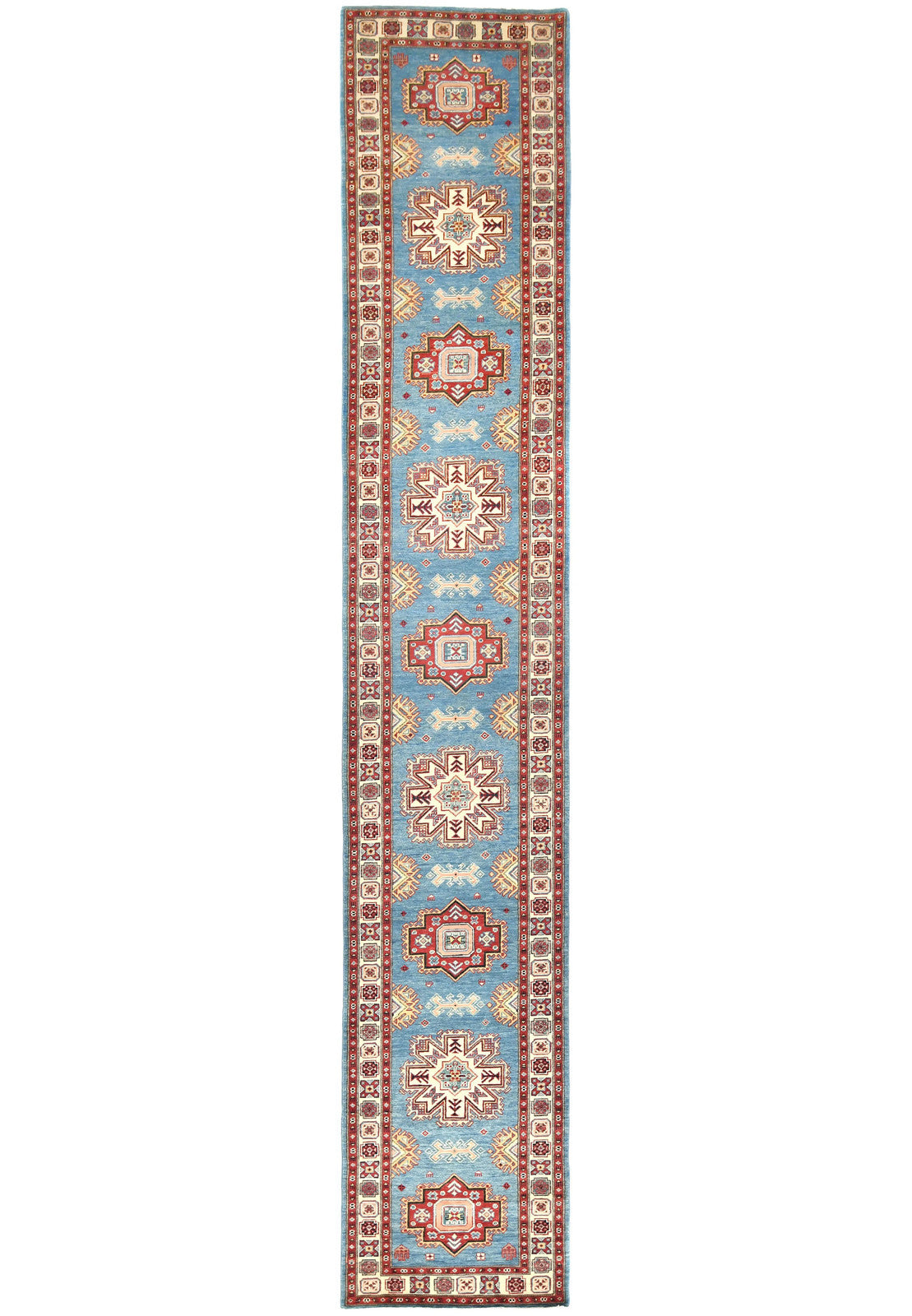 Tribal Geometric Kazak Runner Rug Blue Farmho