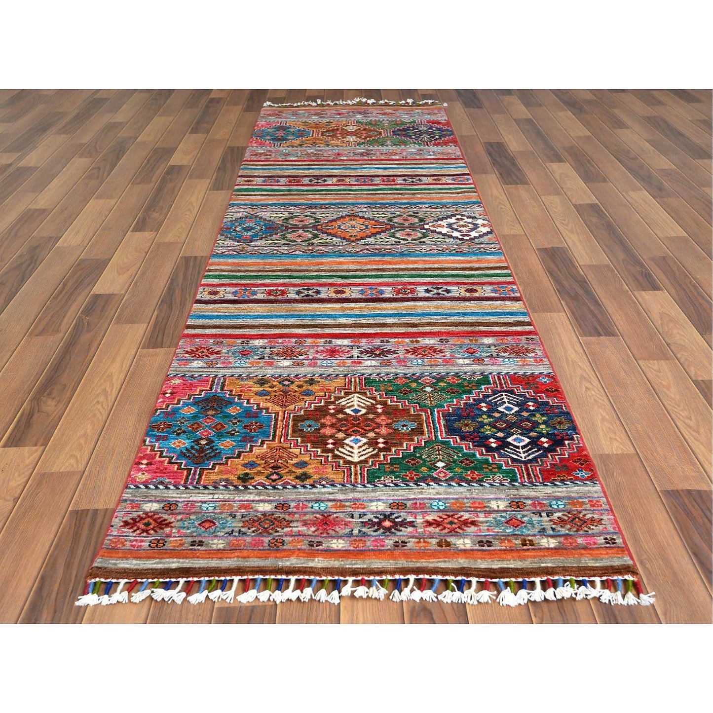 2'9"X9'8" Colorful Super Kazak Khorjin Design Wool Handknotted Runner Rug