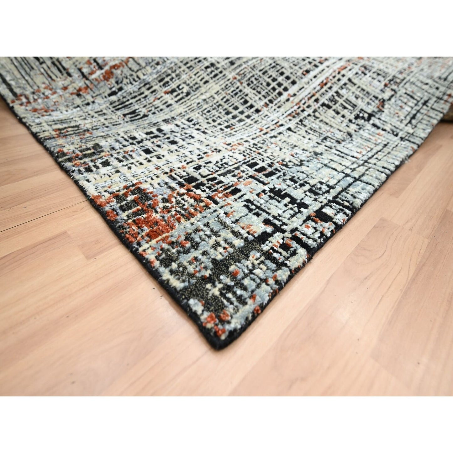 8'X10'3" Black With Beige Abstract Galaxy Design Wool Hand Knotted Rug