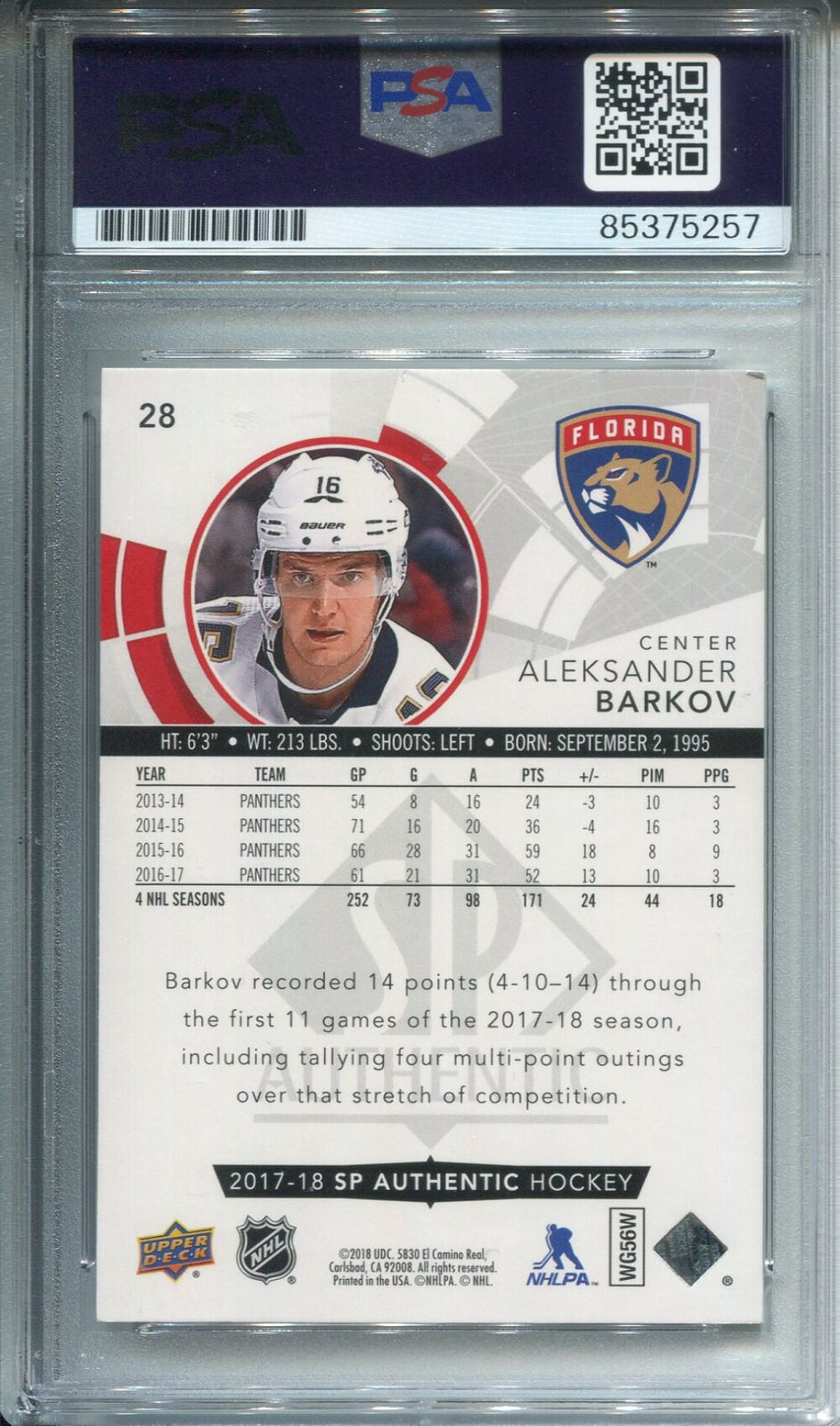 Aleksander Barkov Autographed Sp Authentic Upper Deck Card Psa Auto Grade 10