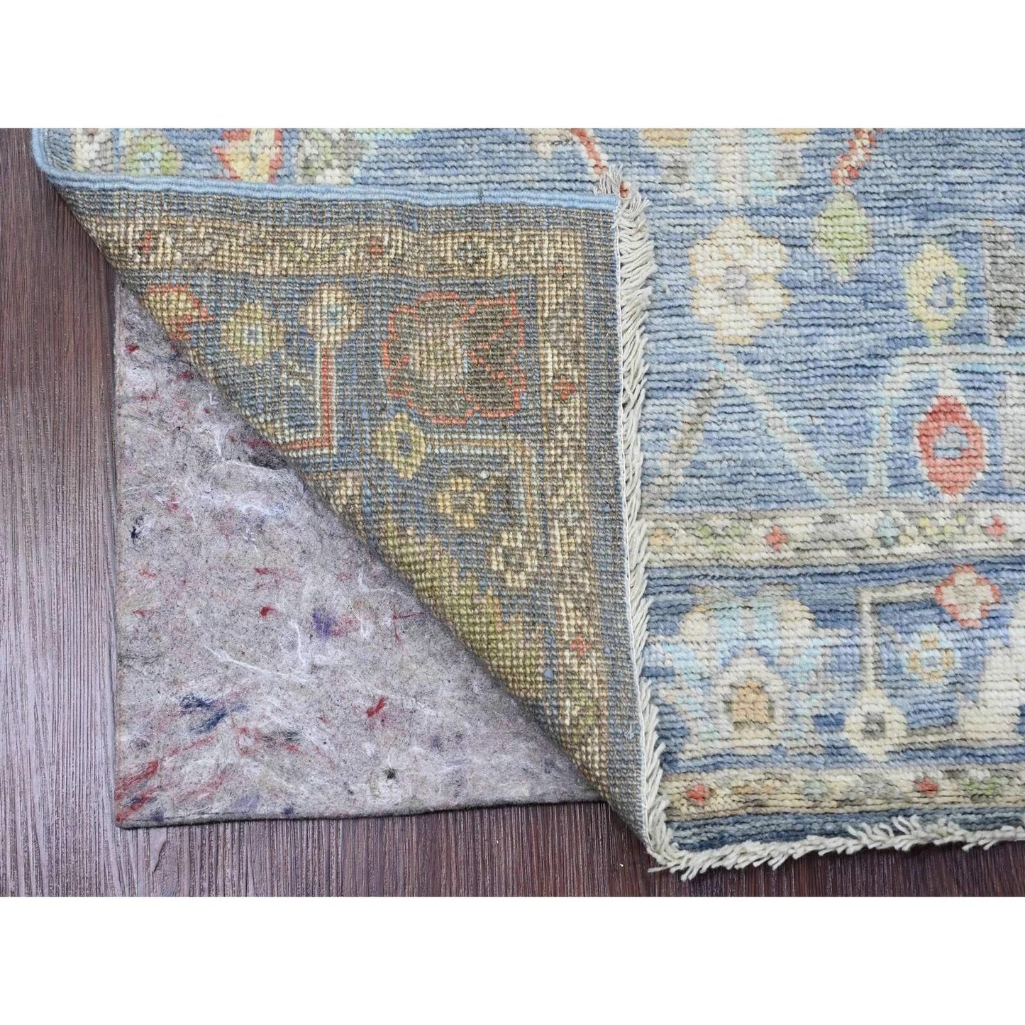 2'9"X9'9" Blue Hand Knotted Angora Oushak Leaf Design All Wool Runner Rug