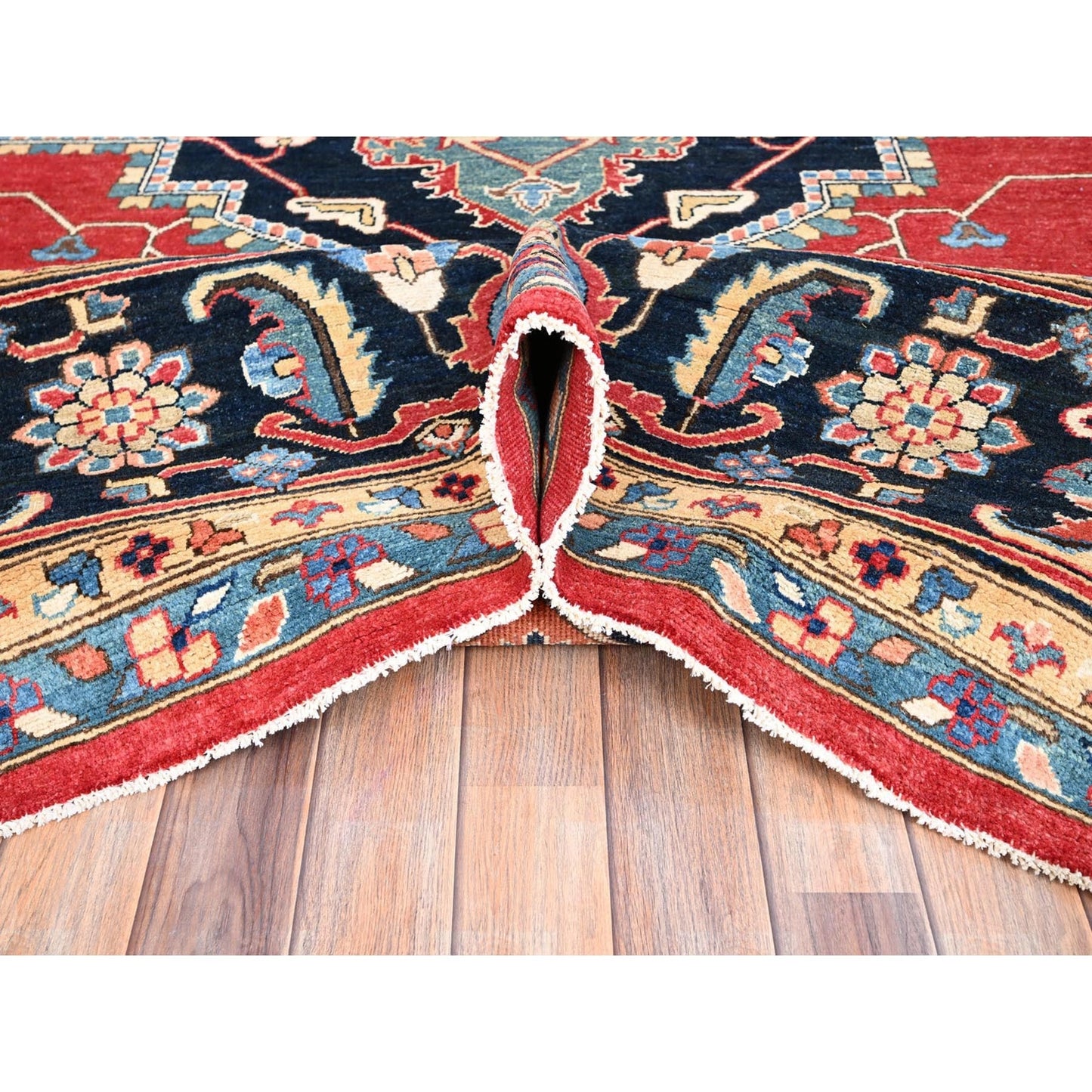 12'1"X15'9" Red Hand Knotted Wool Heris Seeripe Geometric Oversized Rug