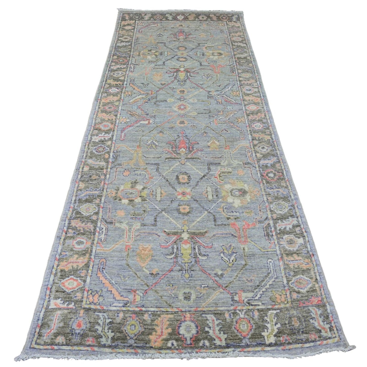 4'X10'1" Gray Angora Oushak Vines Design Hand Knotted All Wool Runner Rug