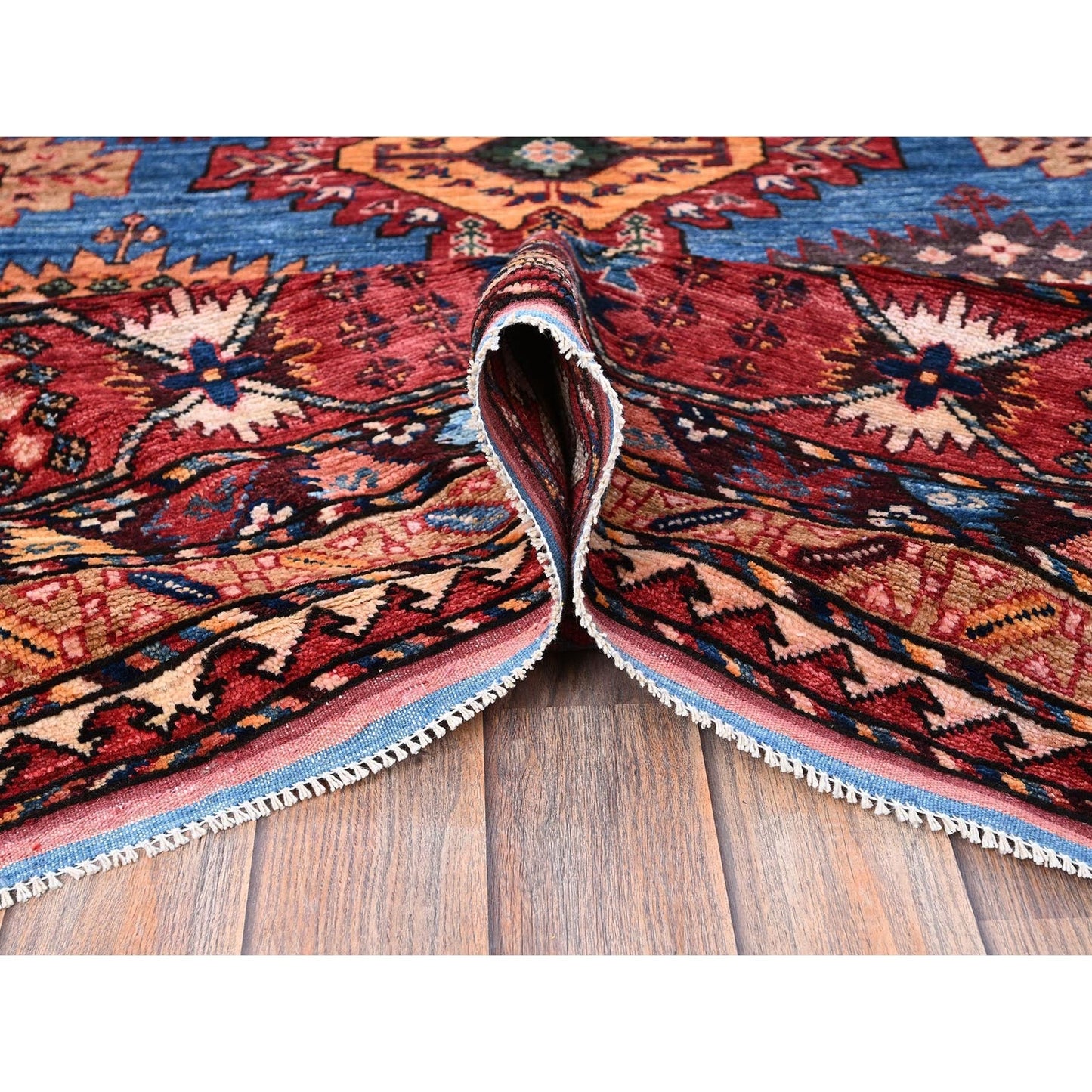 10'X13'6" Blue Afghan Ersari Caucasian Design Revival Hand Knotted Wool Rug