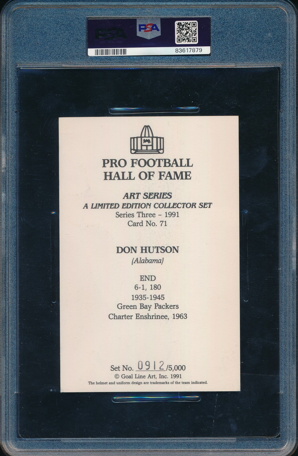 Don Hutson Hof Signed 1991 Goal Line Art Glac
