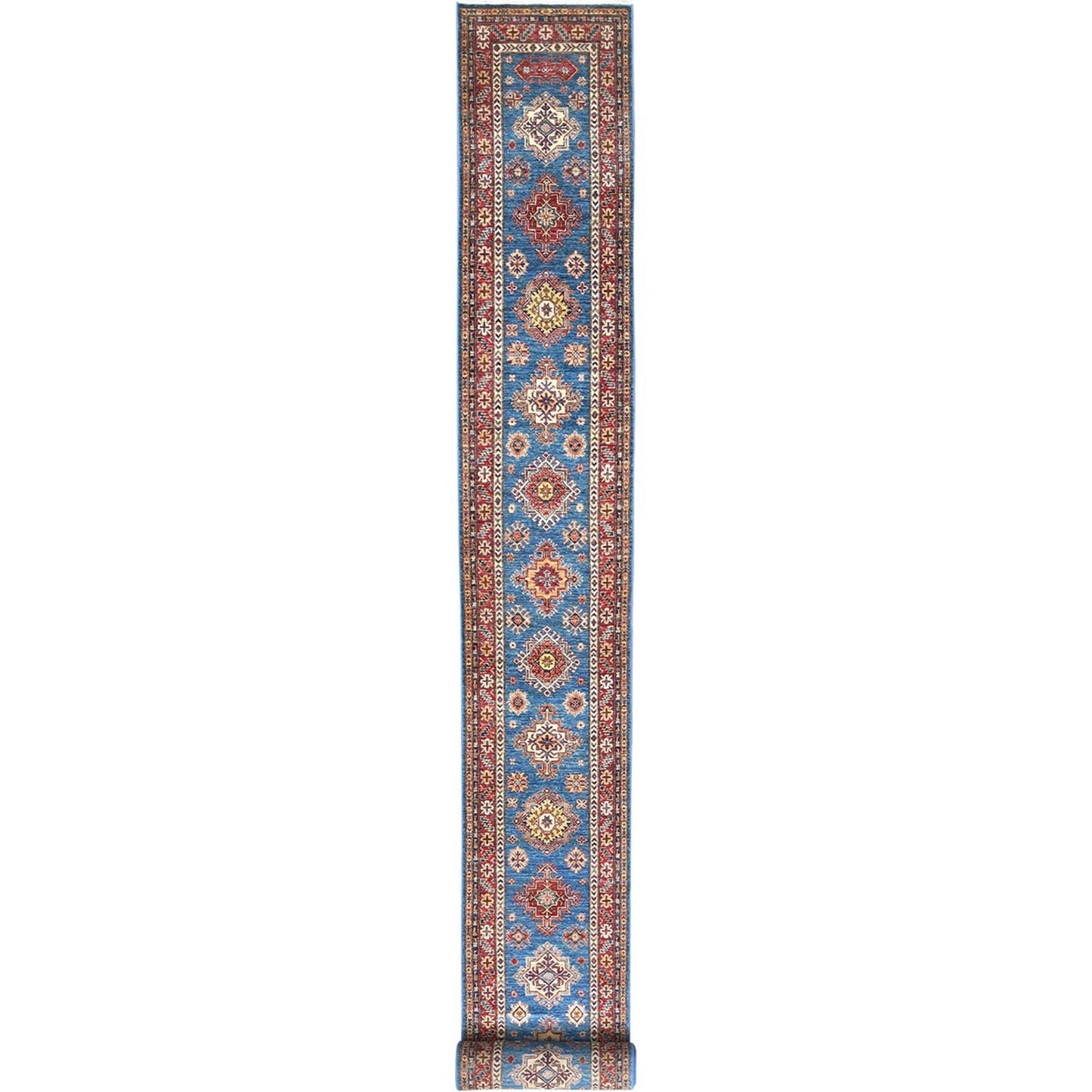 2'8"X34' Denim Blue Wool Hand Knotted Afghan Super Kazak Xl Runner Rug