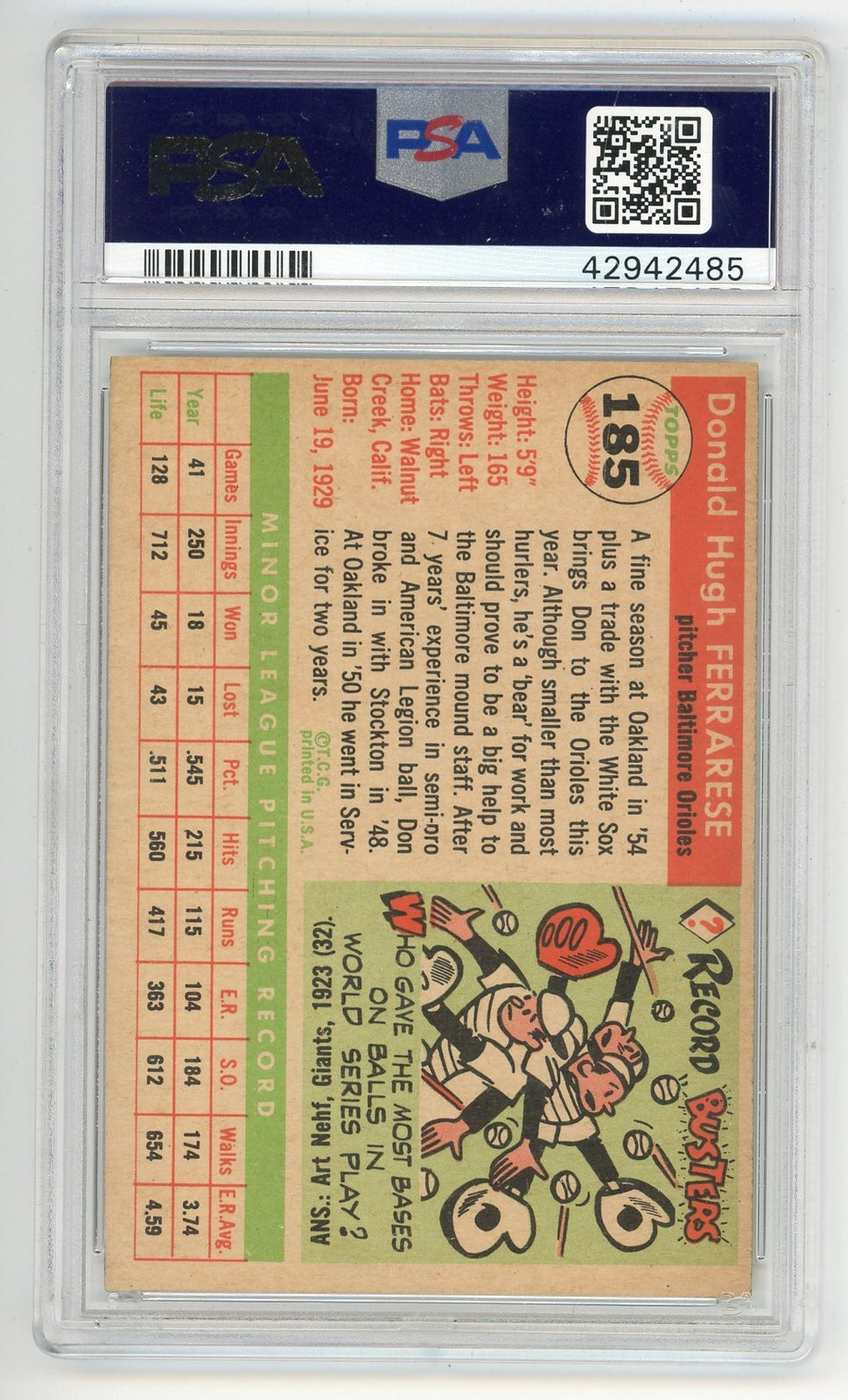 Don Ferrarese 1955 Topps #185 Psa 6