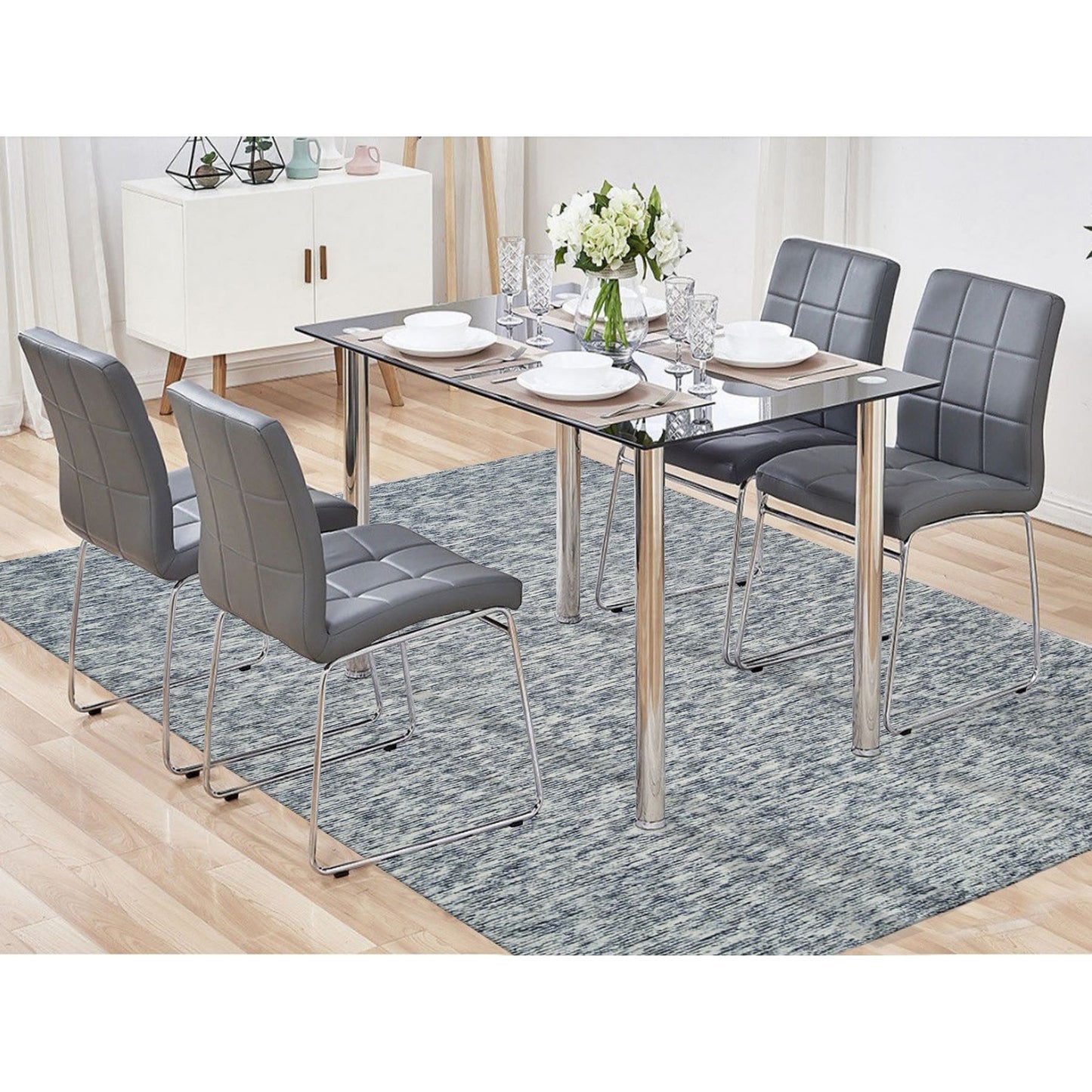 8'1"X10' Blue Hand Loomed Modern Striae Design Pure Wool Rug