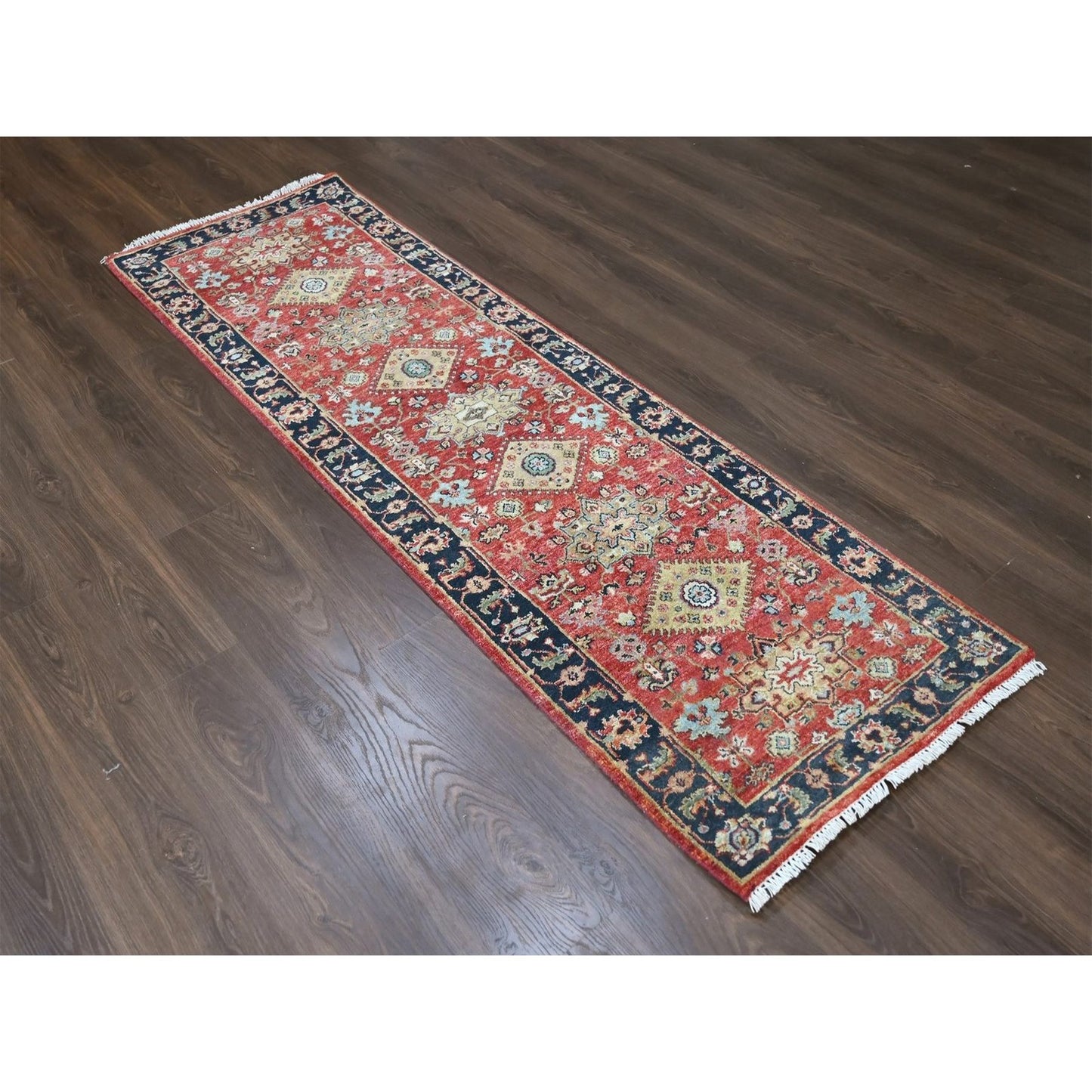 2'7"X8'2" Red Karjihooz Medallions Design Hand Knotted Soft Wool Runner