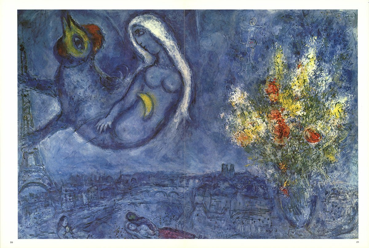 Marc Chagall Bouquet Of Flowers Above Paris " Poster Modernism Blue