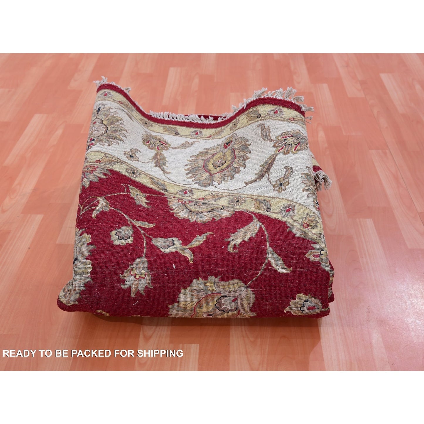 8'X8' Red Rajasthan Leaf Design Wool Silk Pile Hand Knotted Round Rug