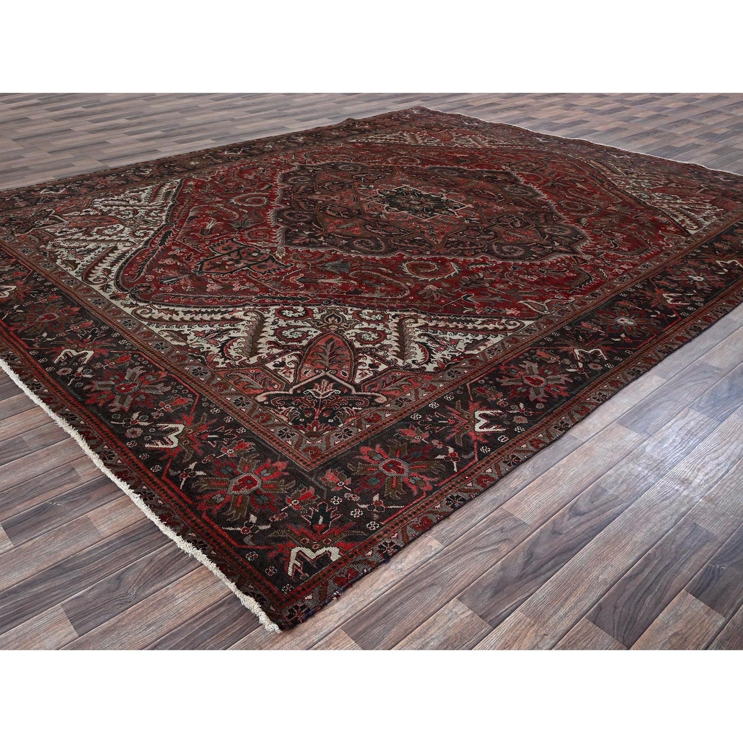 10'X12'3" Red Vintage And Worn Zoroastrian Heris Hand Knotted All Wool Rug