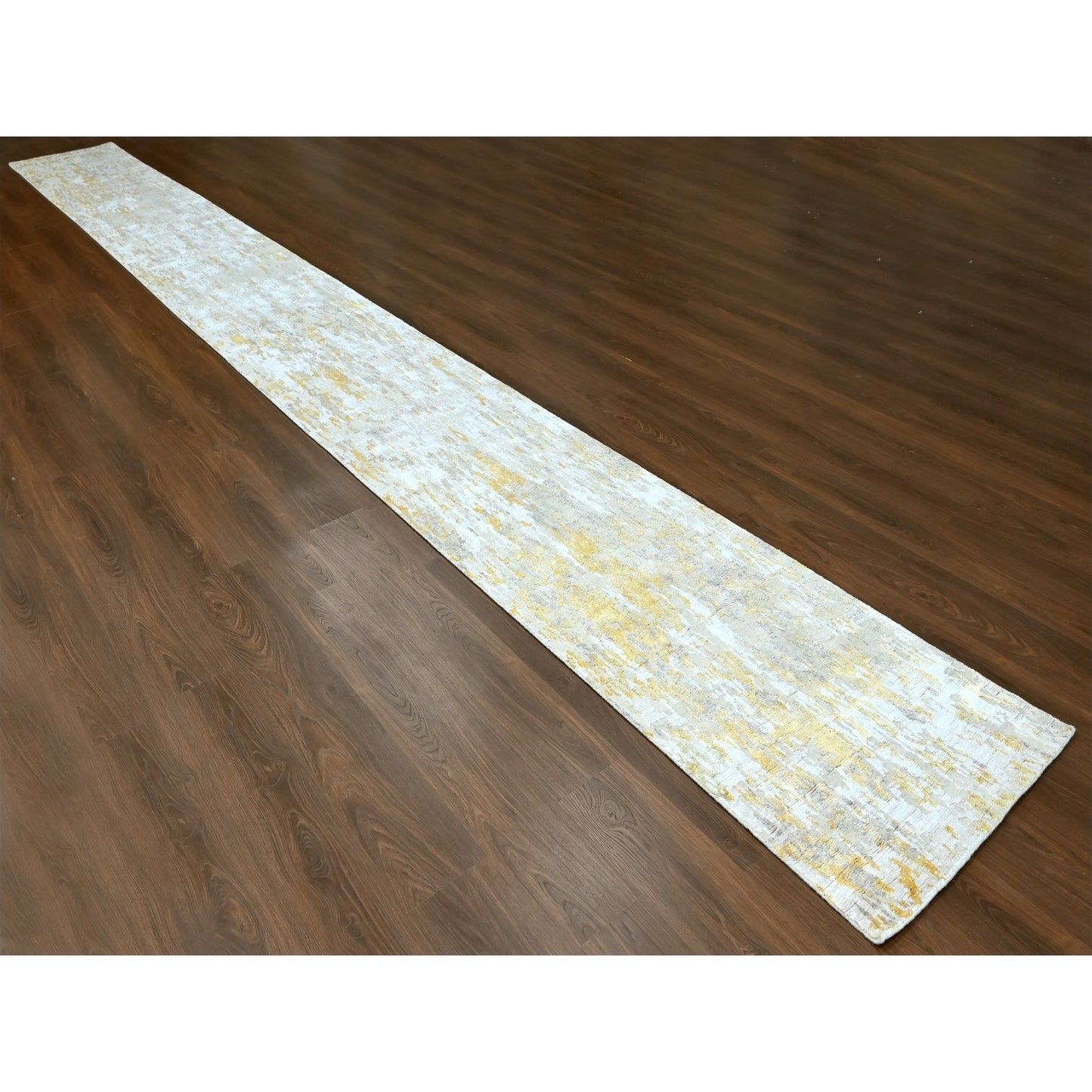 2'7'X23'6" Beige Abstract Design Wool And Silk Hand Knotted Xl Runner Rug