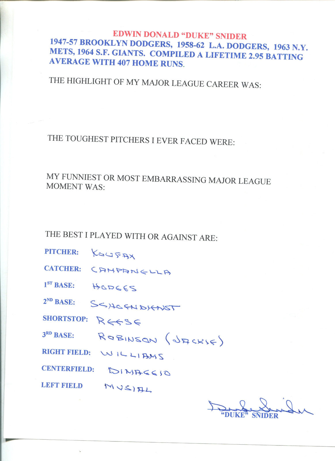 Duke Snider Hand Written Survey