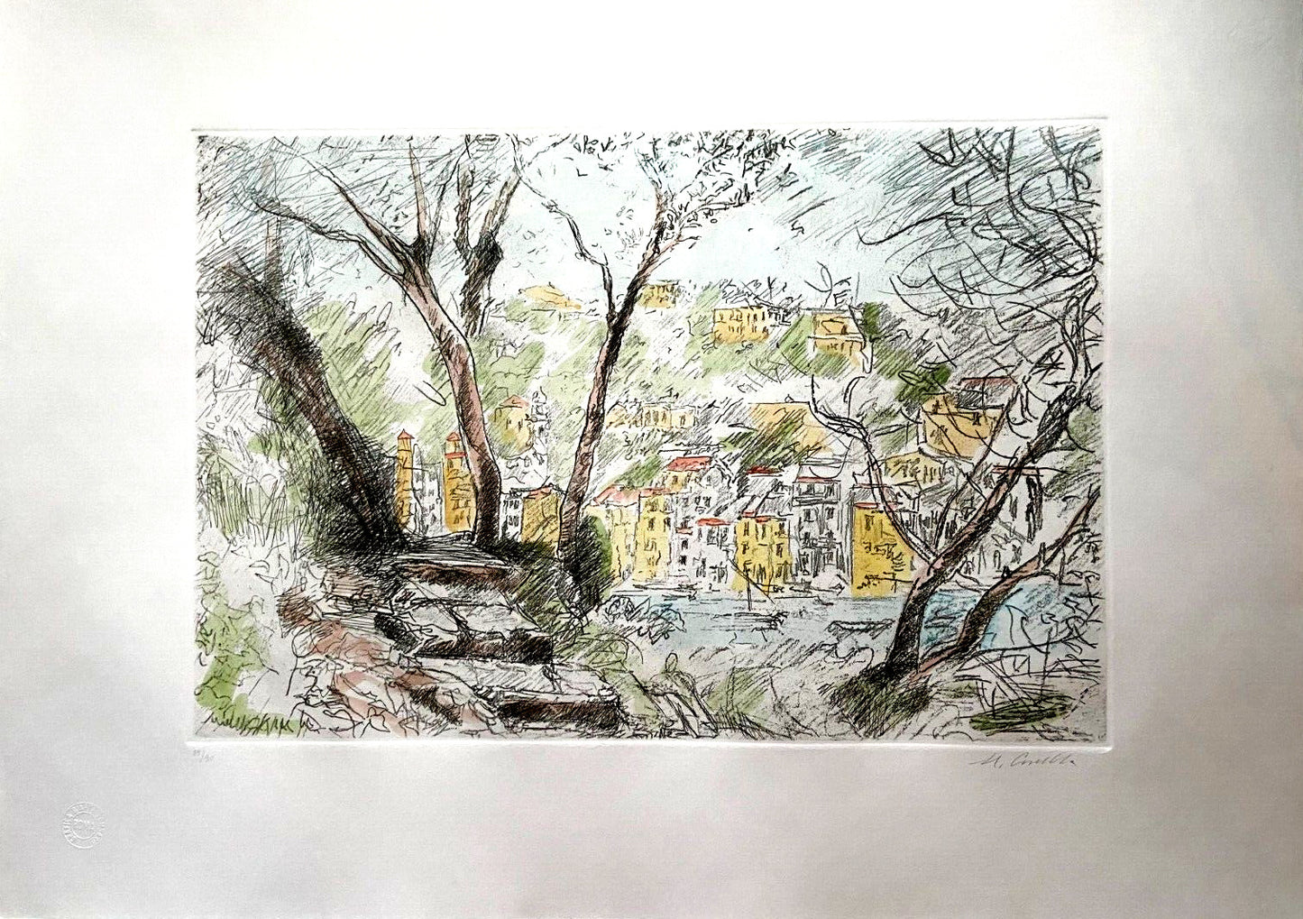 Michele Cascella "Portofino" Engraving Watercolor