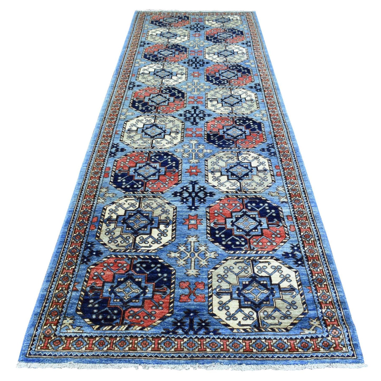 4'X11'8" Blue Pure Wool Hand Knotted Afghan Ersari Wide Runner Rug