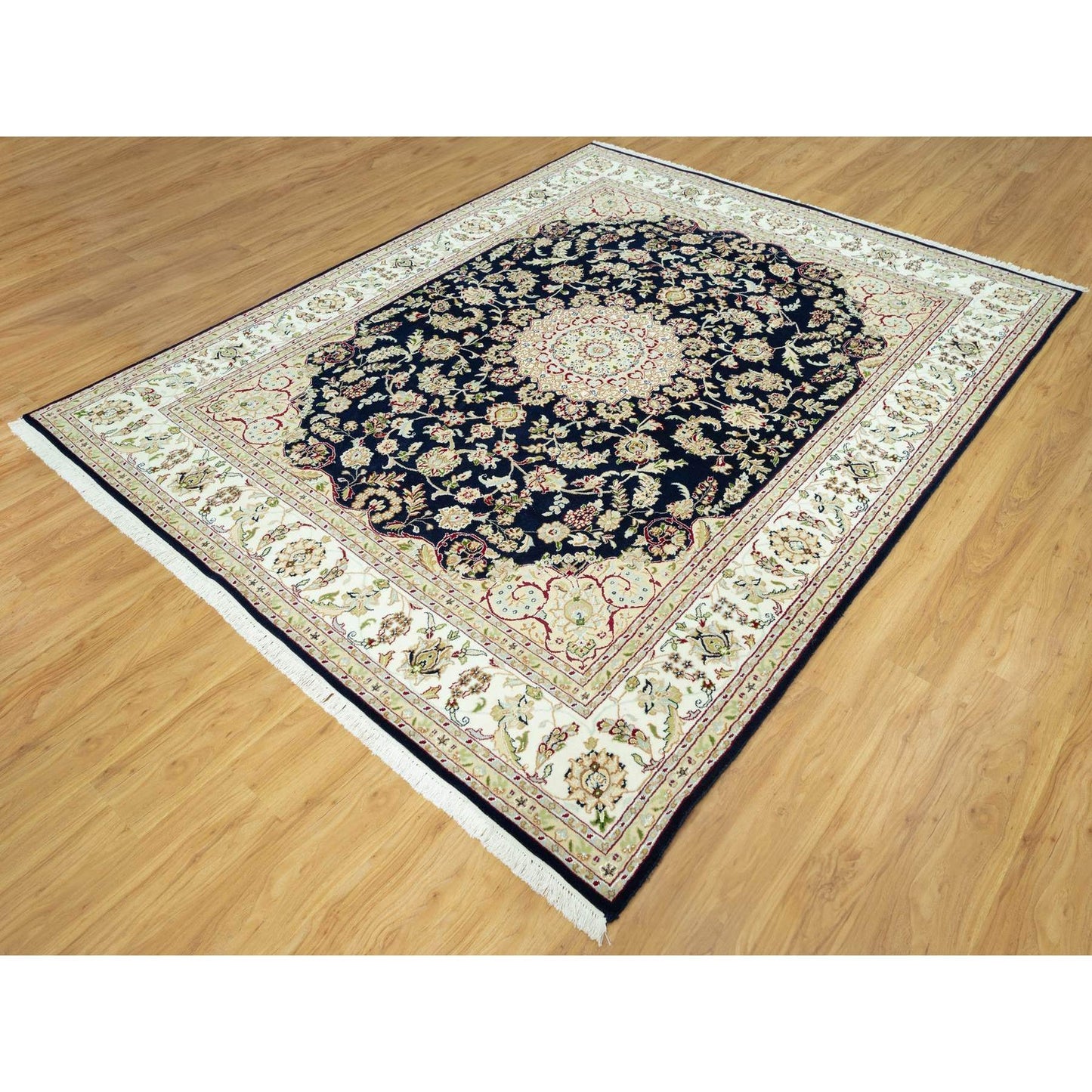 7'9"X9'9" Dark Night Blue Nain Floral Design 250 Kpsi Hand Knotted Rug