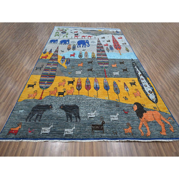 9'X12' Gray Pictorial With Tree And Animals Design Hand Knotted Wool Rug