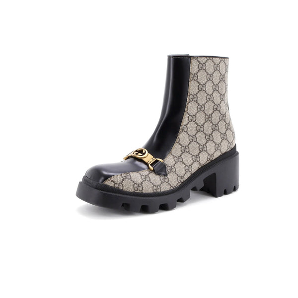 Gucci Women'S Interlocking G Lug Sole Ankle Boots Gg Coated Canvas With Leather