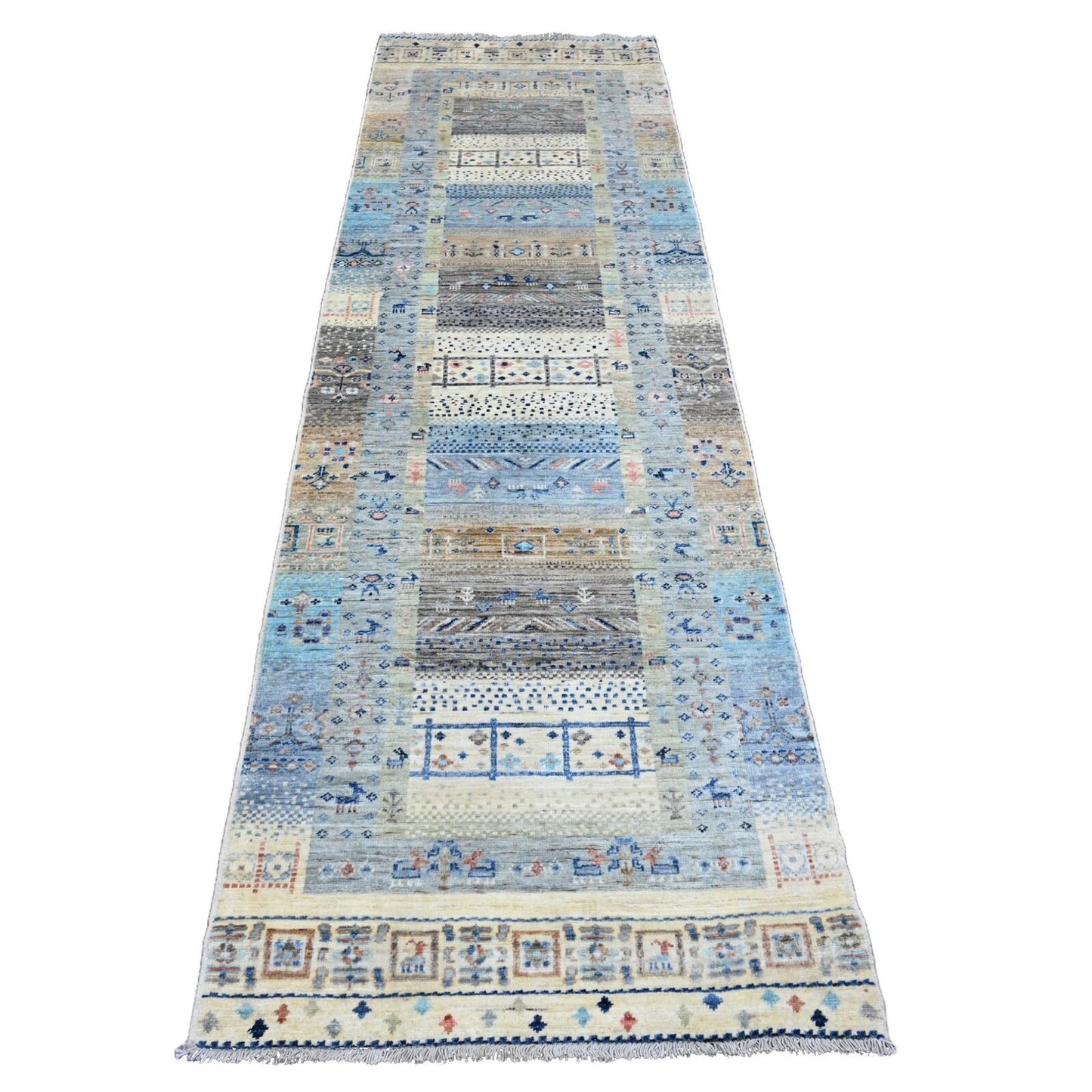 2'10"X9'6" Brown Wool Kashkuli Animal Figurines Hand Knotted Runner Rug
