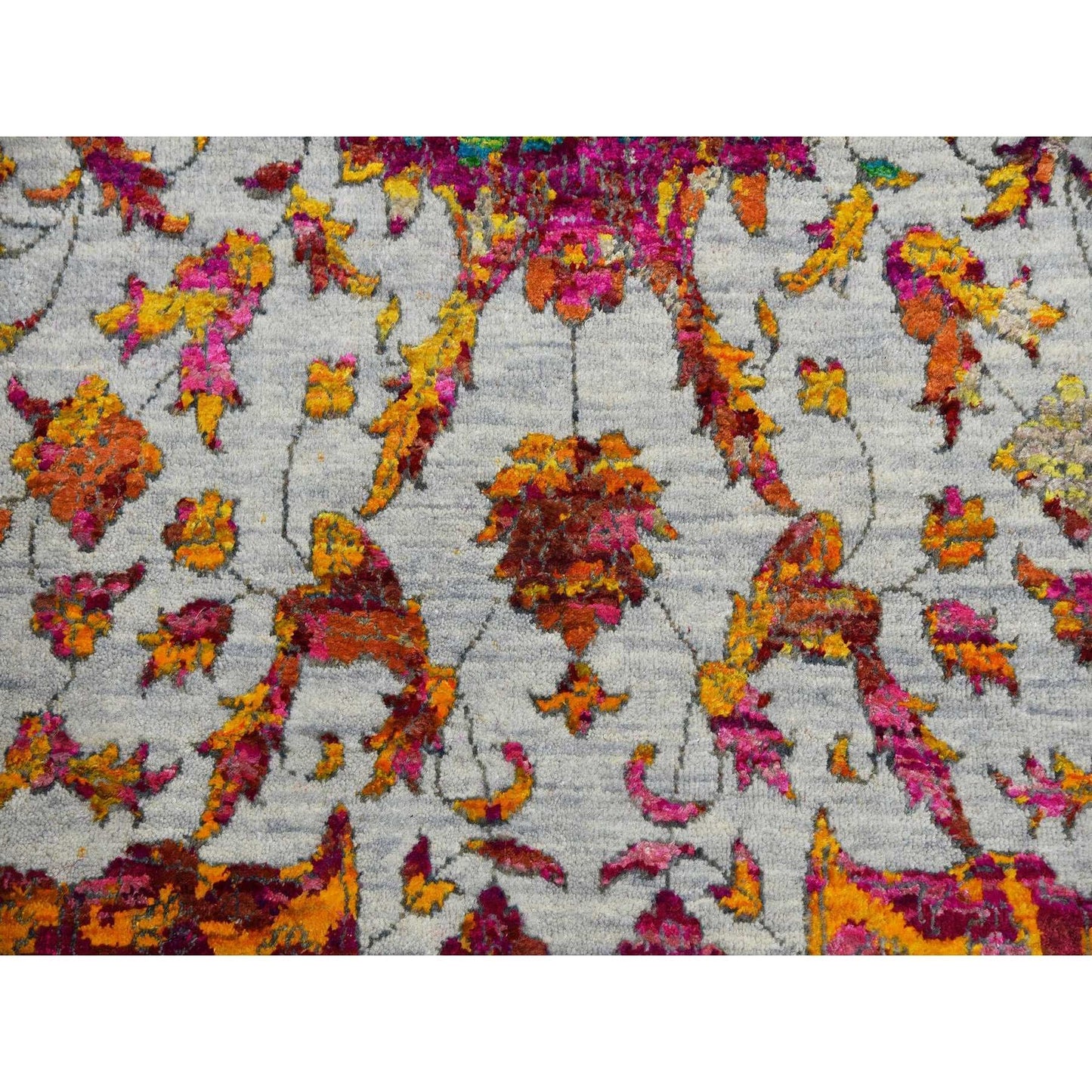 9'X12' Gray Erased Zoroastrian Design Silk With Wool Hand Knotted Rug