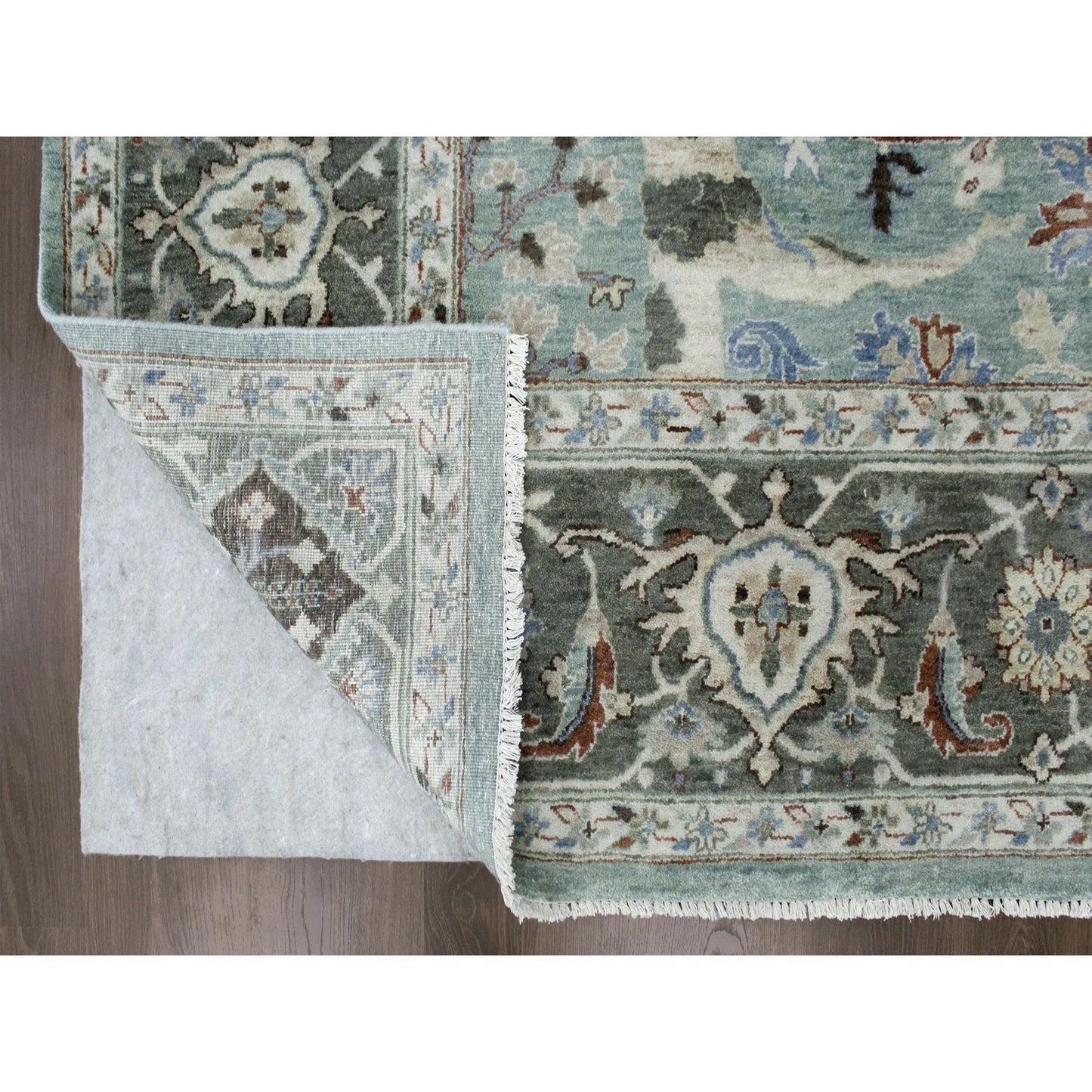 9'X11'9" Teal Green Hand Knotted Oushak With Floral Motifs Soft Wool Rug