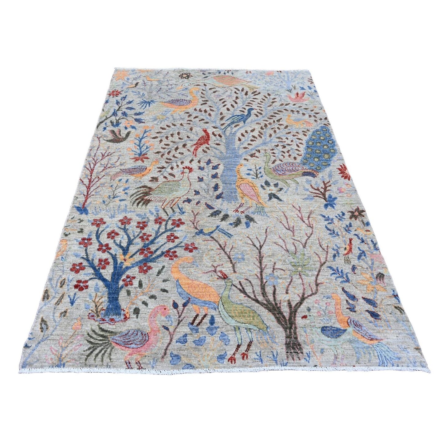 5'2"X7'4" Gray Afghan Peshawar Birds Design Soft Wool Hand Knotted Rug
