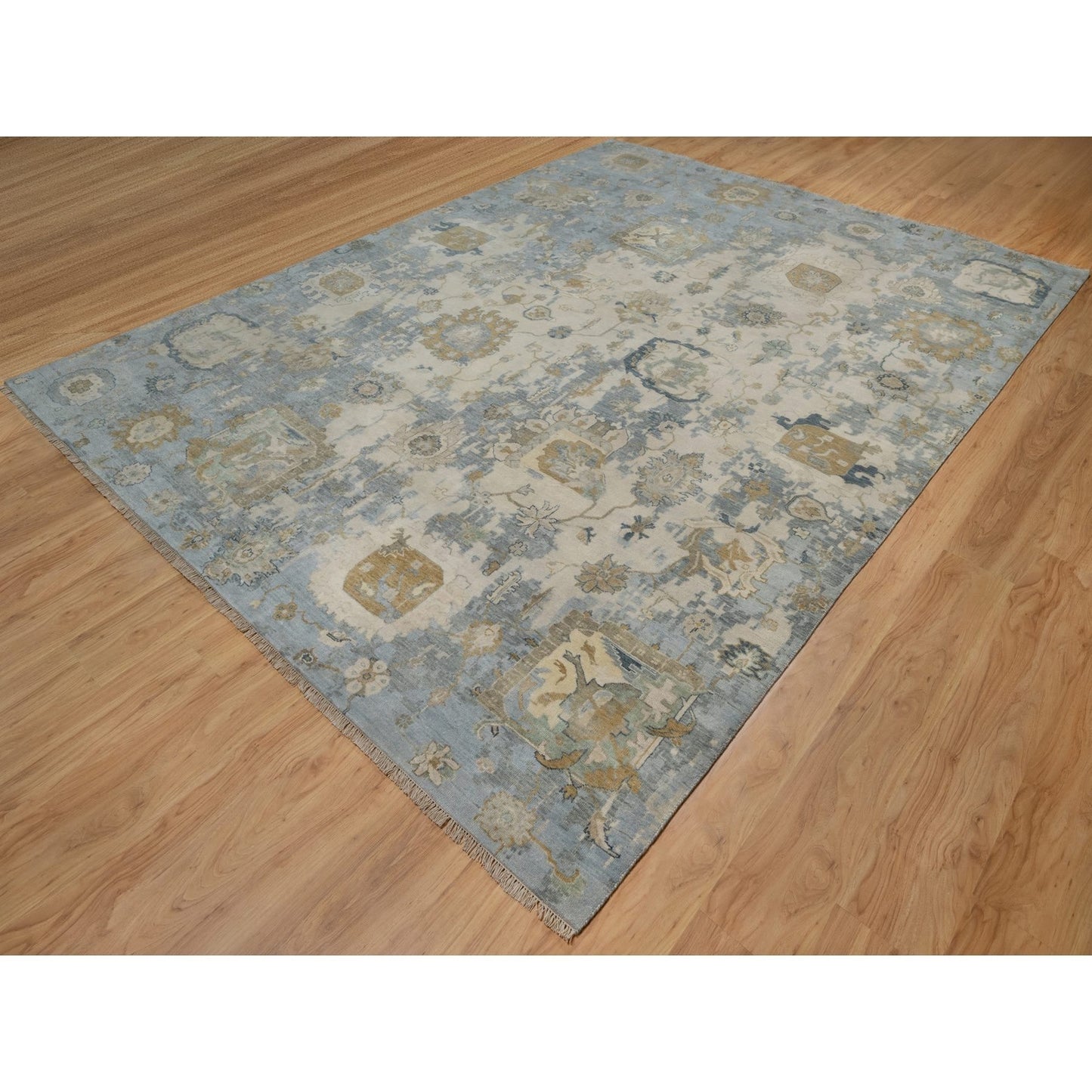 9'2"X12' Ivory Broken Pattern With Oushak Design Hand Knotted Wool Rug