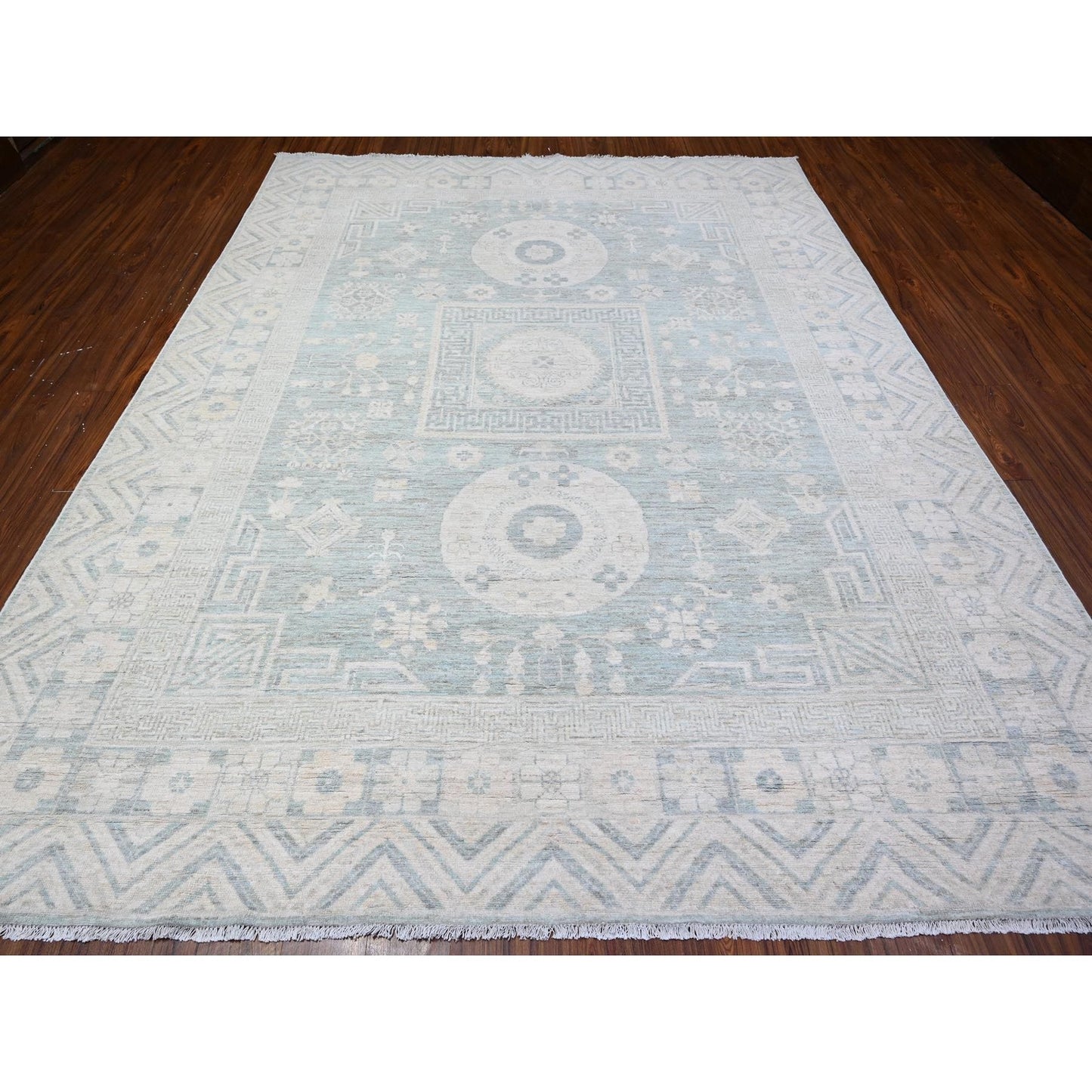 8'10"X11'3" Stone Blue Washed Out Peshawar Hand Knotted Pure Wool Rug