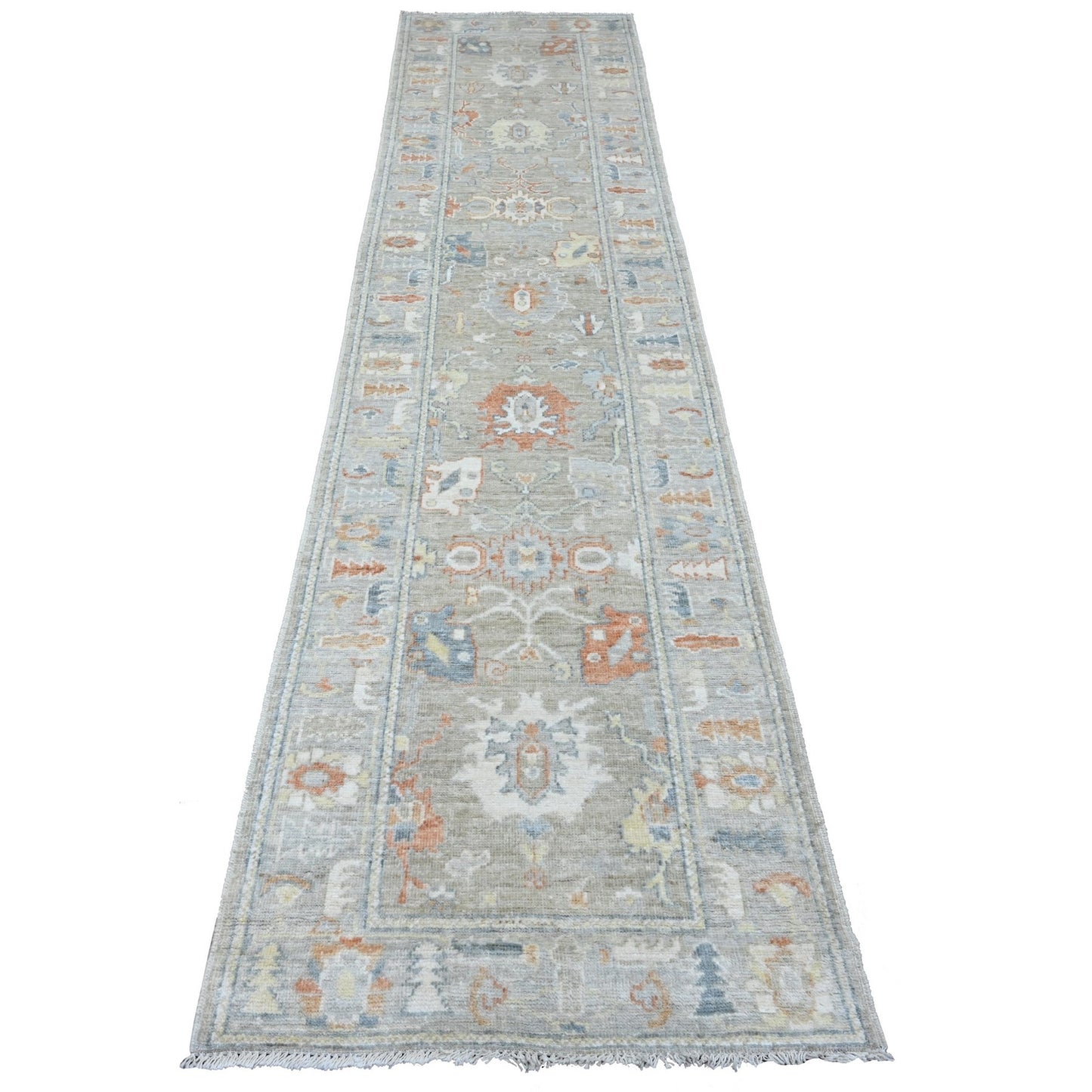 2'8"X11'8" Gray Angora Oushak Leaf Design Hand Knotted Wool Runner Rug