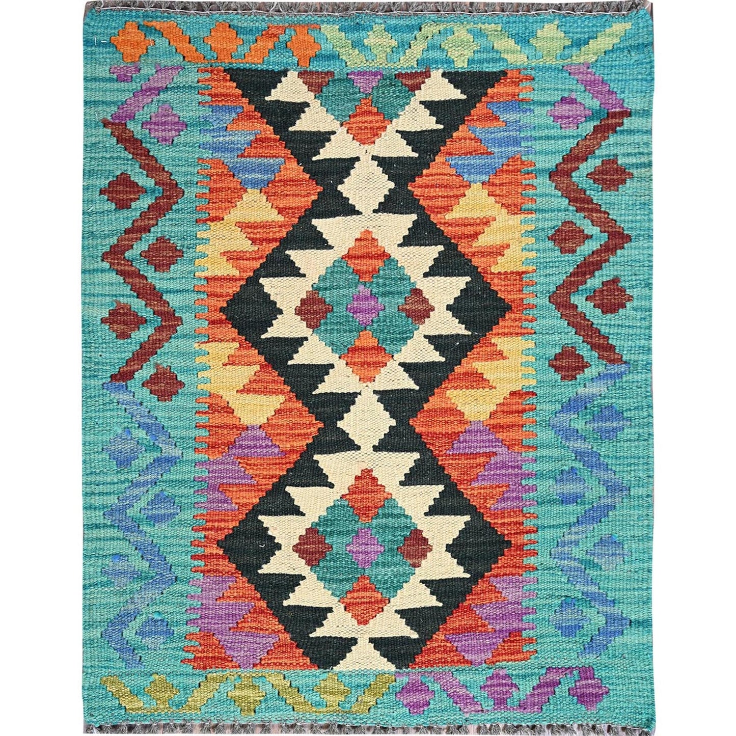 2'1"X2'8" Orange Flat Weave Afghan Kilim Pure Wool Hand Woven Mat Rug