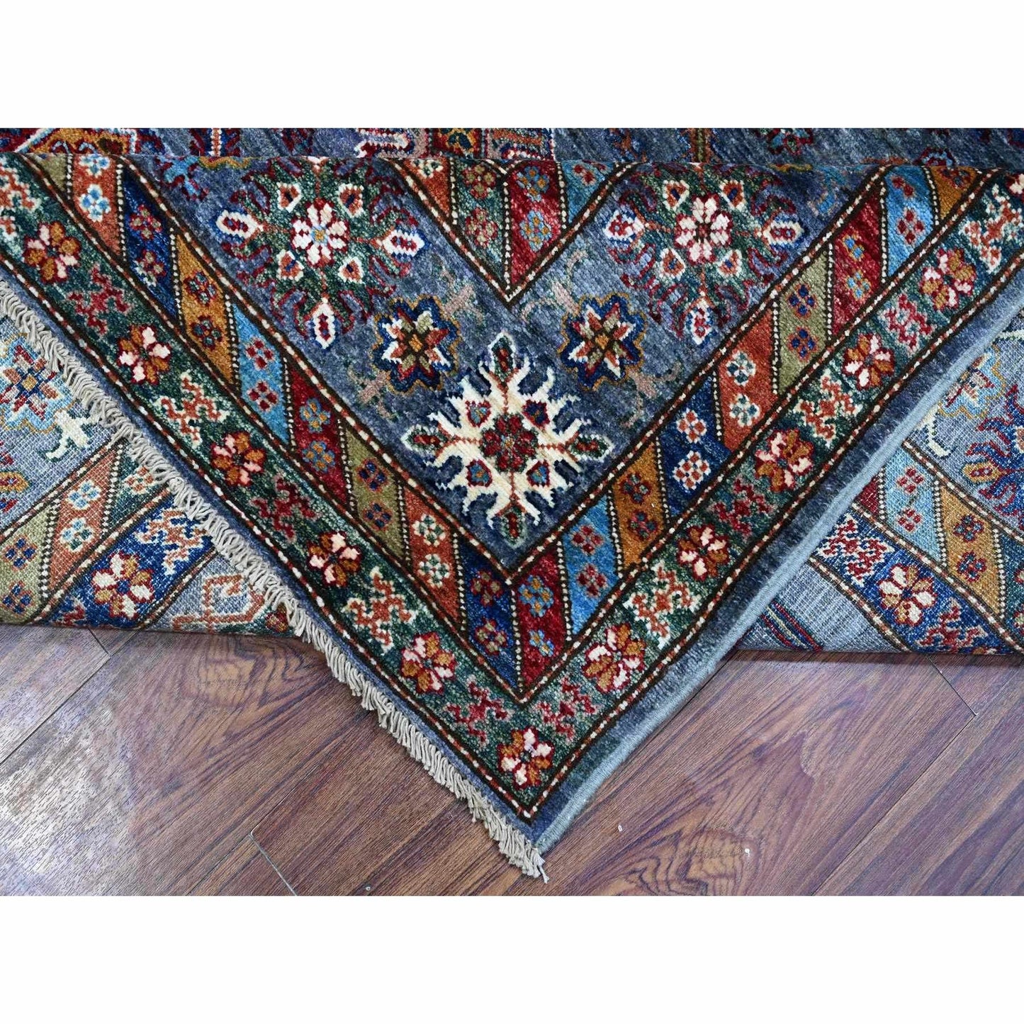 8'X9'6" Slate Gray Hand Knotted Geometric Super Kazak Wool Oriental Rug