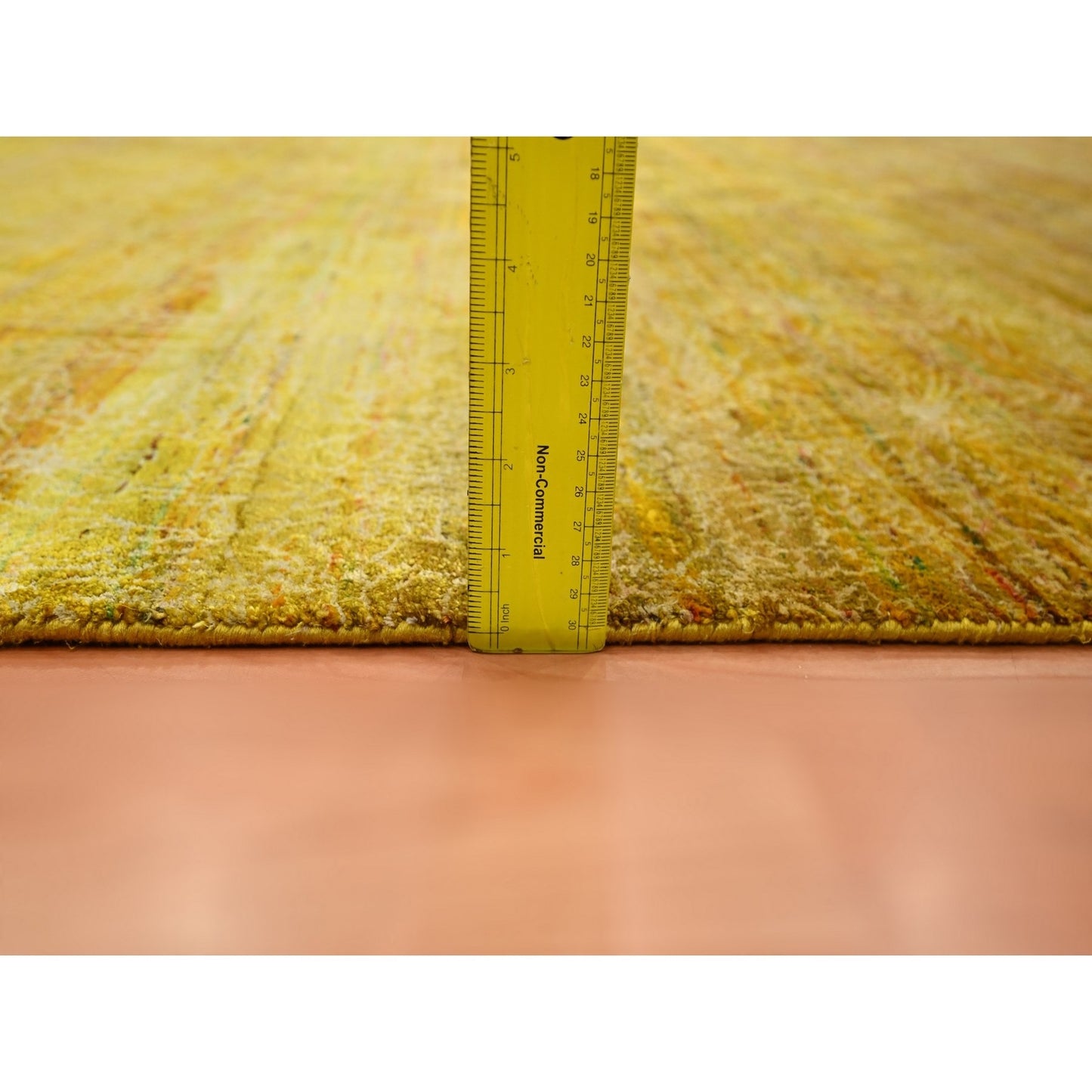 8'X9'3" Golden Brown With Green Modern Design Sari Silk Hand Knotted Rug