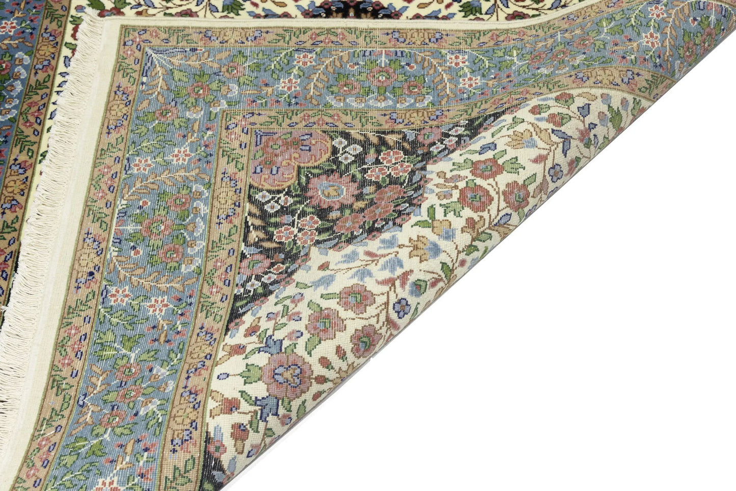 Handmade Kirman Oriental Rug Cream & Blue Floral