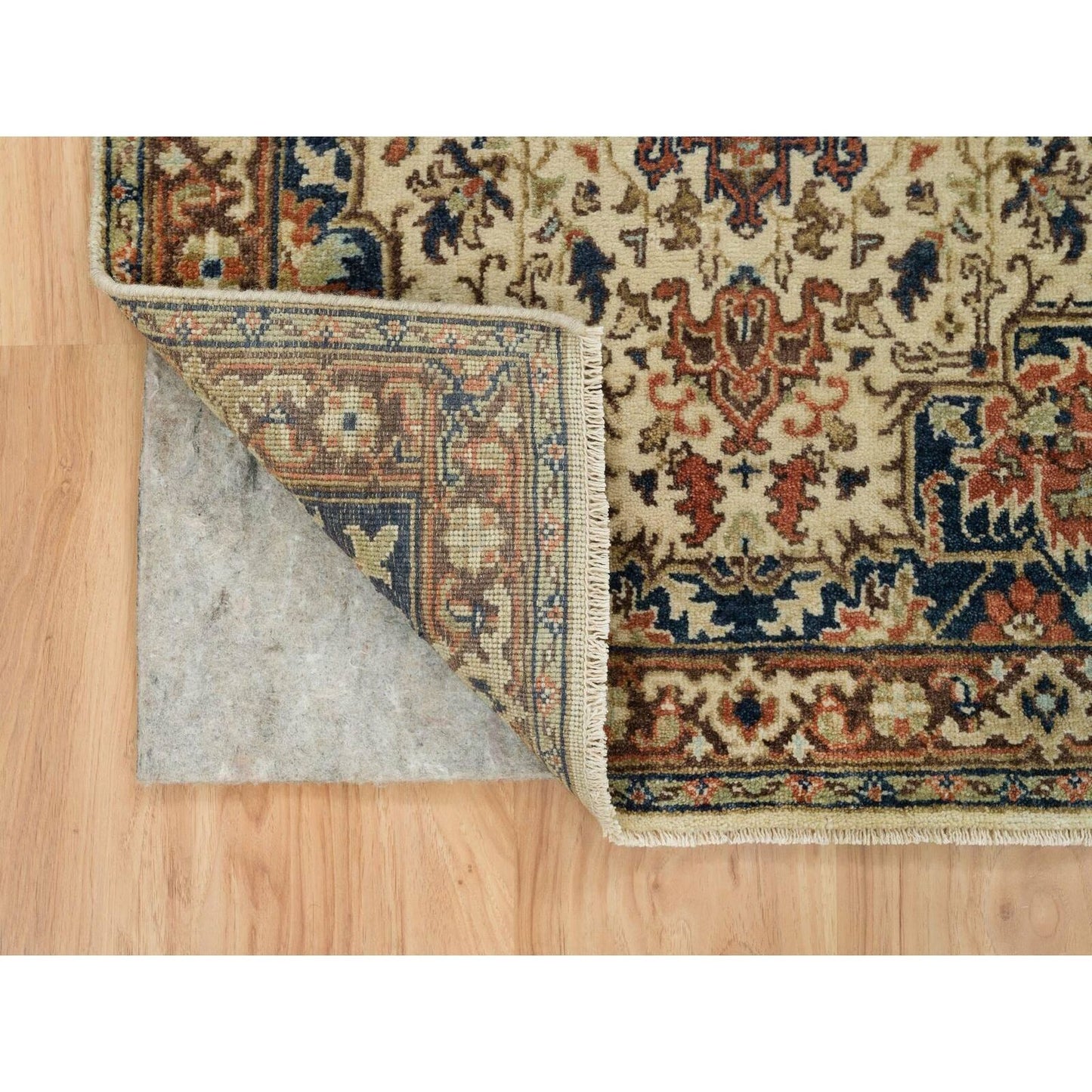 2'7"X10'3" Beige Antiqued Heriz Re-Creation Wool Hand Knotted Runner Rug