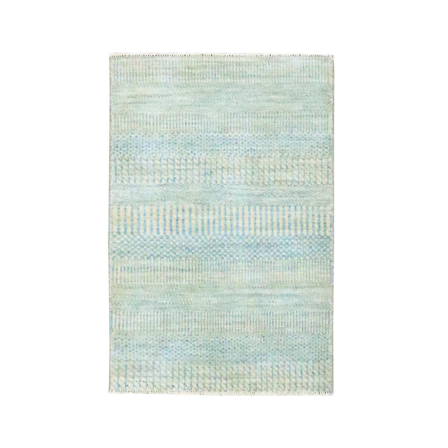 2'X3' Light Blue Wool With Silk Hand Knotted Modern Grass Design Mat Rug