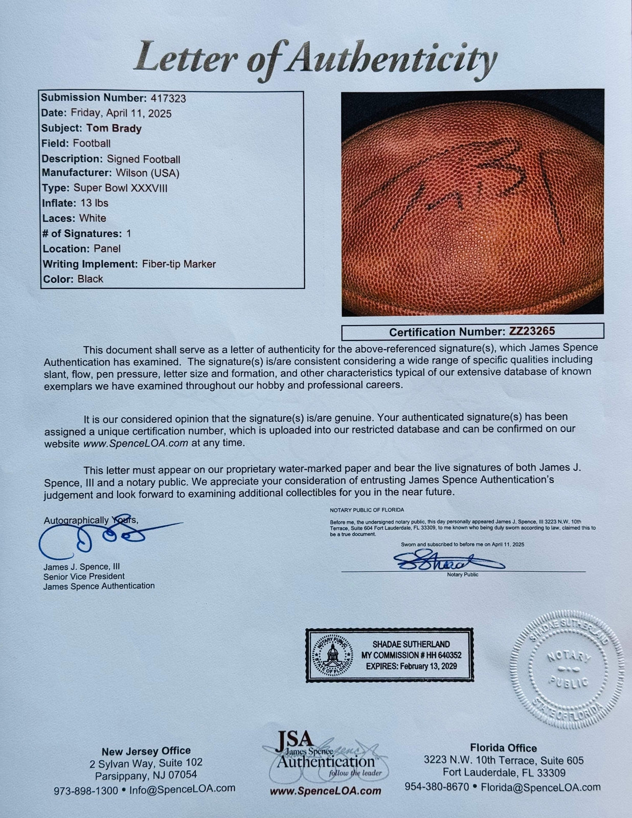 Tom Brady Autographed Official Wilson Super Bowl Xxxviii Nfl Football (Jsa)