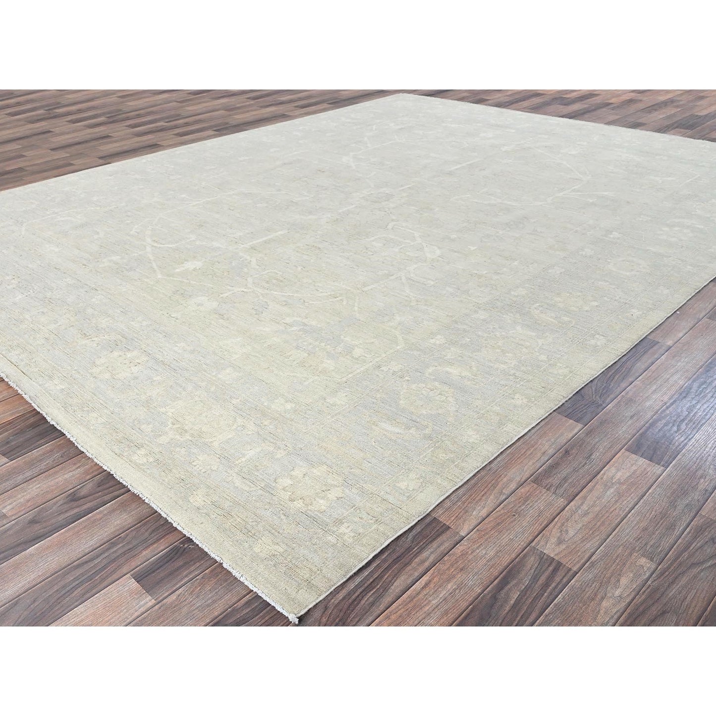 9'X11'10" Oyster White Washed Out Peshawar Hand Knotted 100% Wool Rug