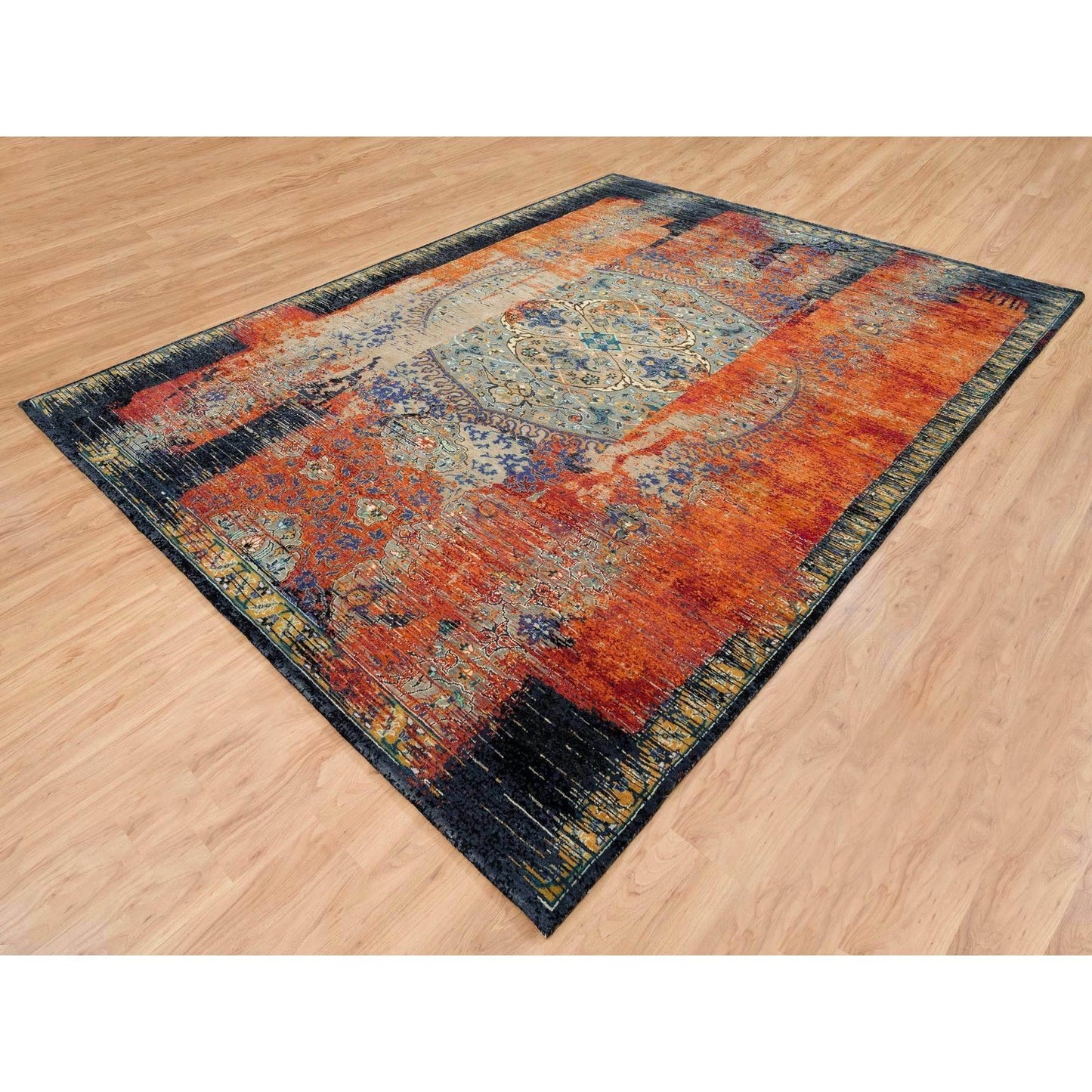 9'X12'1" Rust Red Wool Hand Knotted Ancient Ottoman Erased Design Rug
